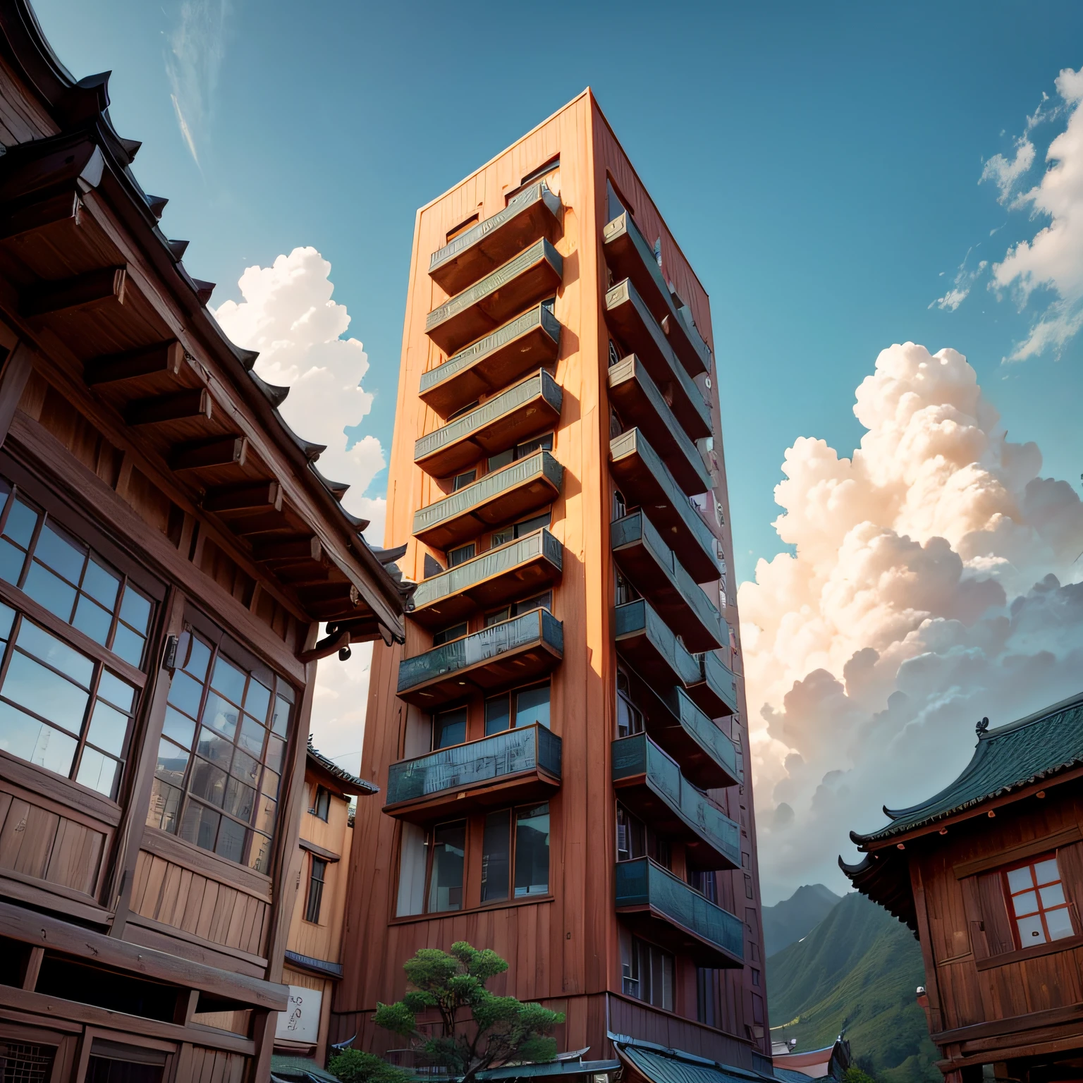 Ancient wind,Quaint,Chinese,Restaurant hostel,towering,The exterior of the entire building,wood,high rise,Located at the foot of the mountain,Separate building,with blue sky and white clouds