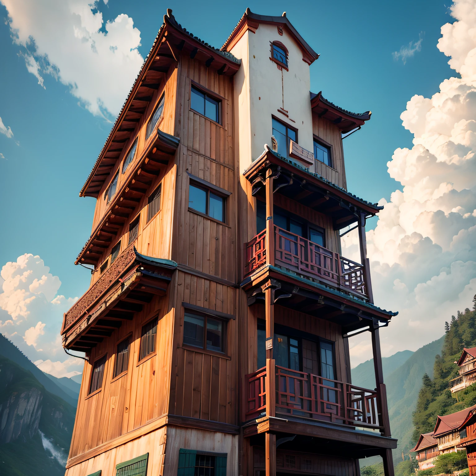 Ancient wind，Quaint，Chinese，Restaurant hostel，towering，The exterior of the entire building，wood，high rise，Located at the foot of the mountain，Separate building，with blue sky and white clouds
