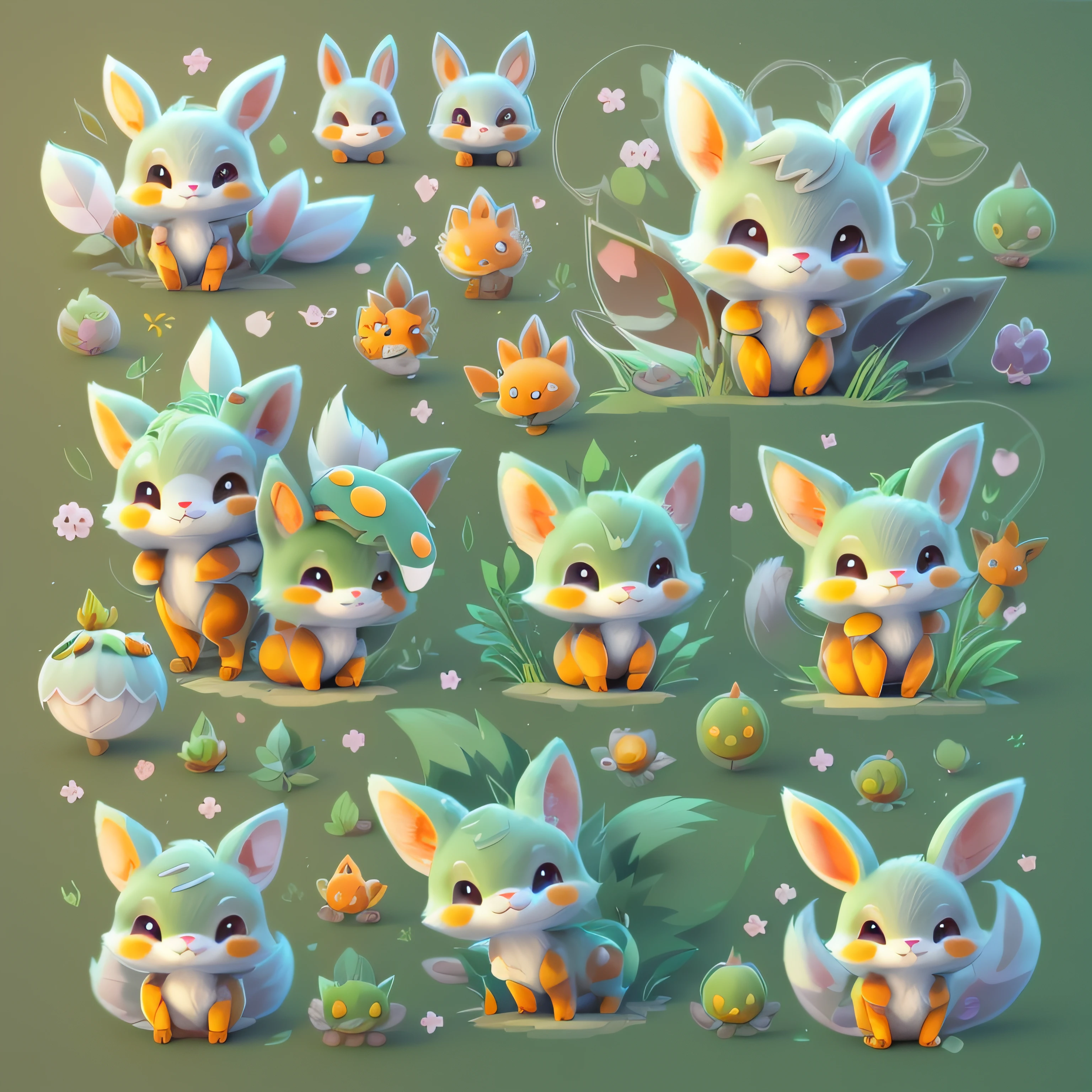 Cartoon illustration of a group of cute critters in the field, Cute detailed digital art, adorable digital art, cute detailed artwork, style of cute pokemon, illustration pokemon, adorable creature, cute forest creature, lovely art style, cute artwork, fox ears illustration, Cute characters, Detailed fanart, a forest with bunnies, Eevee, art of silverfox, Detailed game art --auto