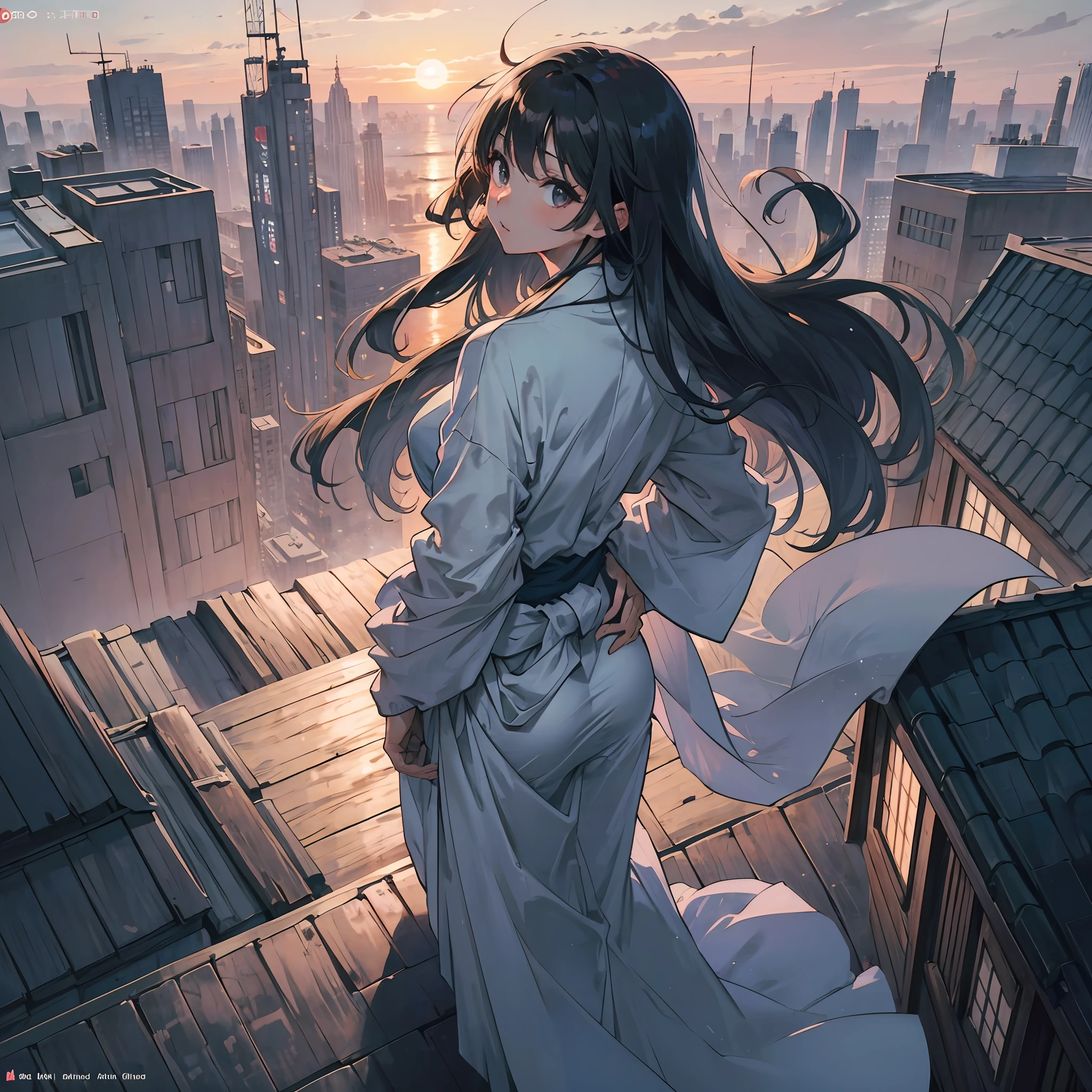 Single white tech suit,Long hair and waist,Look back behind my back,One hand crosses the waist,,on the rooftop,Japanese manga style,very refined,In the setting sun,Heads-up,Visible Pore,Very sexy,Detailed background --auto