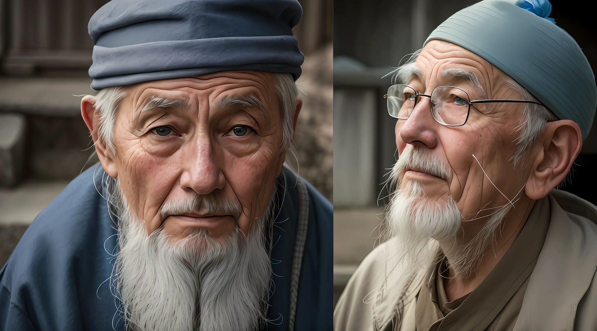 An old man with a white beard and a blue hat is looking at something, 50mm portrait, 7 0 mm portrait, 50mm portrait, 1 3 5 mm nikon portrait, a old man, closeup faces, portrait shooting, close - up of the faces, 50 mm lens photo portrait, Detailed faces, close - up portrait shot, Serious face