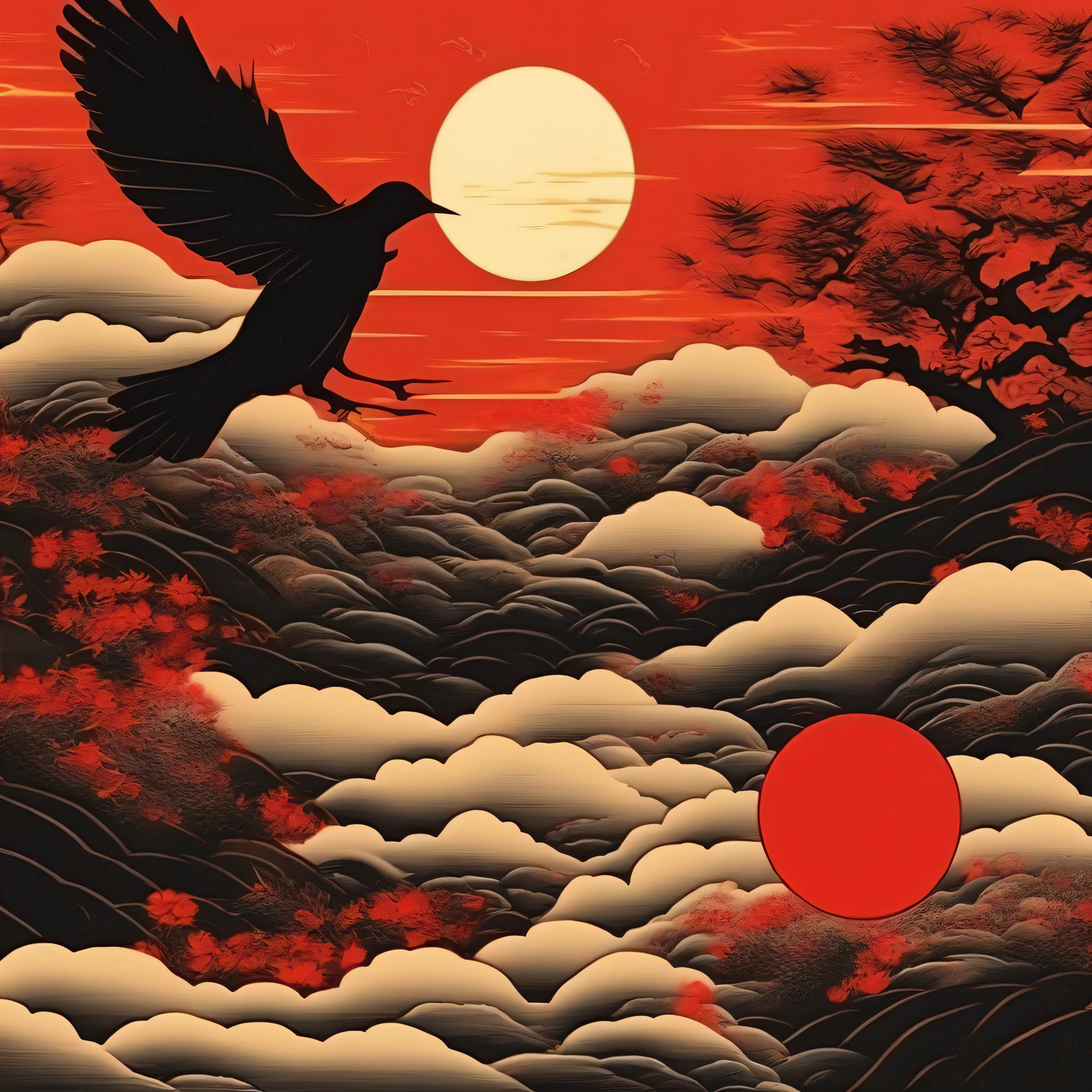 The black bird flies straight, it is a big red Japanese sun when the sun is set.