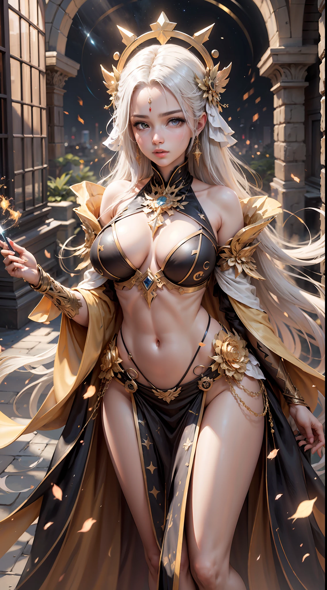1 valkiria girl, anjo alado, olha para o espectador, obra-prima: 1.2, melhor qualidade, Ultra Detalhado, Awesome: 1.1, papel de parede extremamente detalhado da unidade CG 8k, 8k, Foto RAW, realista, fotorrealismo: 1.4, renderizado: 1.4, ultra realismo, High-resolution, NVIDIA RTX Ray Tracing, imagem de corpo inteiro, ((dois pares de grandes asas angelicais saem de suas costas)), flying in sky, leve sorriso, olhando para o espectador, sexual excitement, olhos azuis, impetriz sol, rosto maduro, corpo atletico, pele detalhada, corpo maduro, corpo alto, corpo sedutor, corpo perfeito, quadris largos, defined abdomen, thick legs with defined muscles, seios grandes empinados, goose bumps, pele parda, pele com leve brilho de suor, dinamic pose, roupas de seda branca transparente, (pose sexy), Dynamic camera angle, perfectly proportions, rosto humano extremamente detalhado, nitidez no rosto, longos cabelos prateados, capuz branco com detalhes dourados, Golden sandals with high heels, braceletes dourados, roupas detalhadas BREAK, ruinas gregas ao fundos, segurando apenas um cetro de sol longo e grosso, raios solares altamente saturantes saem do cetro, Holy Ceremony, halo angelical, golden and orange spark dazzling around, Sacred Magic Circle, coroa dourada, golden magic lightning, ombreiras douradas, joias de ouro, metal dourado, quan, ban, noite escura ao fundo, nuvens, noite escura, deep dark starry sky, lua cheia, raios da lua, estrelas cadentes, diffuse lighting, fantasia, intrincado, elegante, altamente detalhado, realista, fotorrealista, pintura digital, artstation, illustration, arte conceitual, smooth and sharp focus, Mappa studios, render octano, bioluminescente, arte oficial, illustration, ligne claire, (cool_color), perfect compositio, absurdres, fantasia, focado, circunstanciado, intrincado, Foto premiada, BLN-L24, exposure, Alto contraste, 8k 3D, cinematic lighthing.