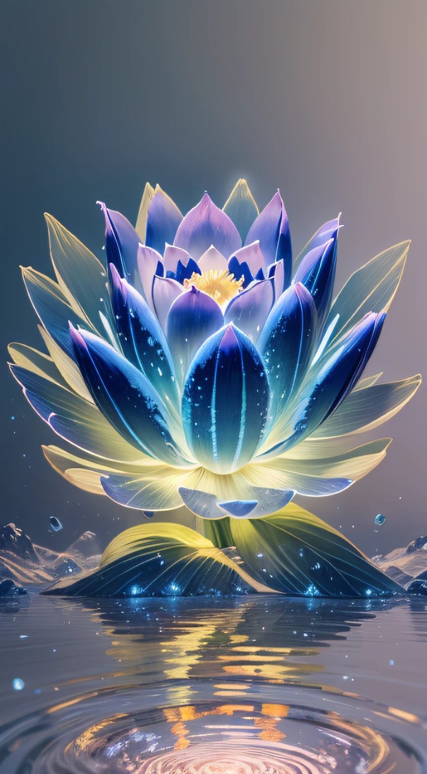 A large crystal clear lotus flower, {blue white colors}Fire,Swaying water ripples(inverted image),Lightning ions,Light effects,Extreme CG,Blizzard style art trends,Diffuse luminous fog Noctilucent particles,Bright volumetric lamp,diffused reflections,Cobalt blue and reflective gold,The light of the Buddha shines,Quiet and peaceful - AR 9:16 --s 750 --v 5.2