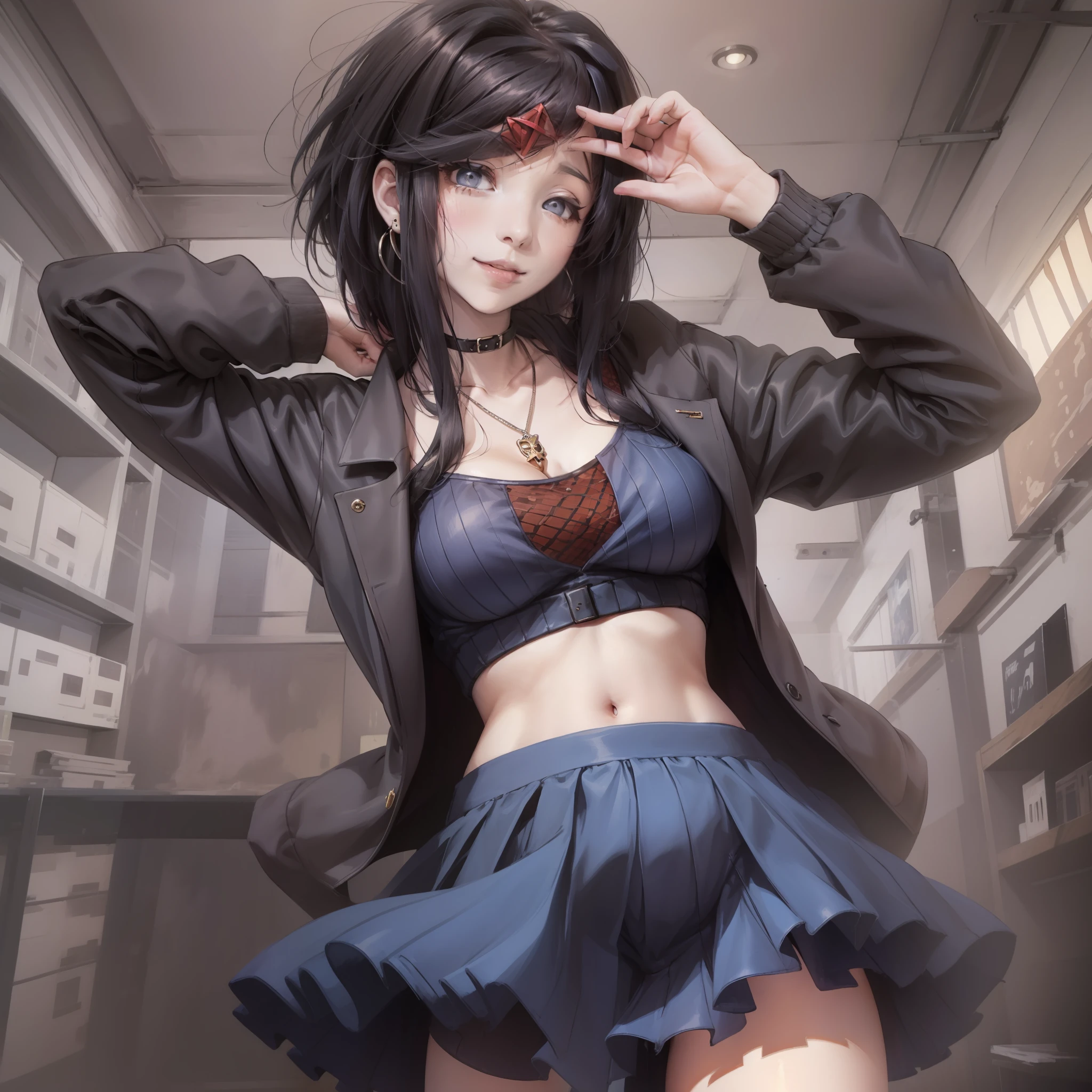 DDLCYURI, HAIR ORNAMENT, HAIRCLIP SKULL, LONG HAIR, (BLACK EYES:1.1), BLACK SHORT HAIR, GRIN, SMILE, BLAZER, BLOUSE, BLUE SKIRT, JACKET, BROWN JACKET, MINISKIRT, NECK RIBBON, RIBBON, SCHOOL UNIFORM, SHIRT, SKIRT, WHITE SHIRT, WING COLLAR, CASUAL CLOTHES, GREY SWEATER, MINISKIRT, PANTS, RIBBED SWEATER, SKIRT, SWEATER, TURTLENECK, TURTLENECK SWEATER, black eyes with eyeliner, puffy black hair scene emo, short emo hair, hair ornament, hair clip, medium boobs, school uniform, jacket, short hair, pleated skirt, skirt, blue skirt, ((blush)), indoors, in a classroom, necklace cross, earrings, emo, scene, fashioncore, black stockings, emo hair, gothic, lip piercing, nasal septum, emo, visual kei, puffy hair, Dark, EMO ACCESSORIES, Emo Haircuts, SEXY, OPEN LEGS, show boobs, show pants