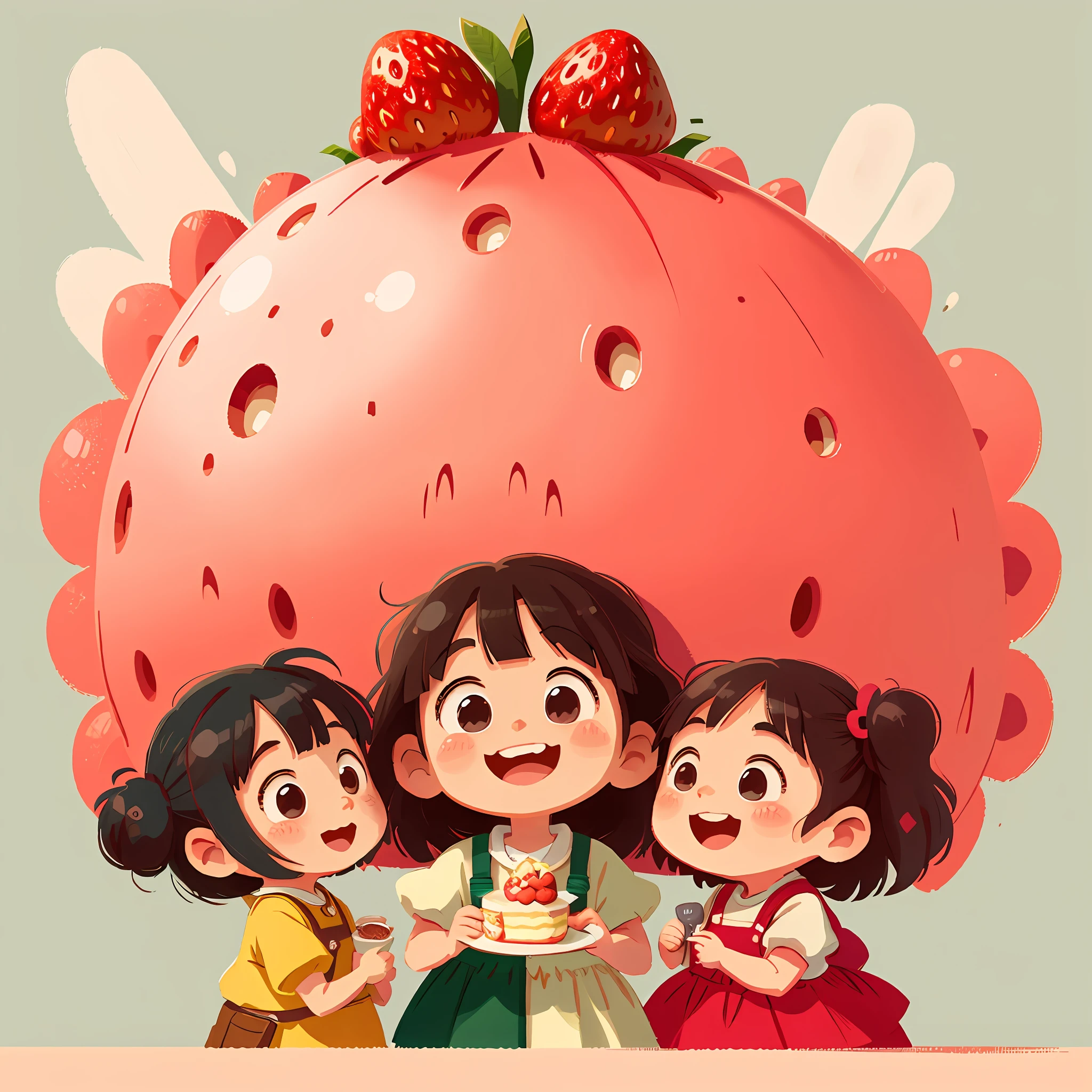 Happy kids girl。Solid background,Cake in hand,Very happy,big laughter,Women's children's clothing。The color is smooth。Simple art。In Studio Ghibli style。Strawberry character style。