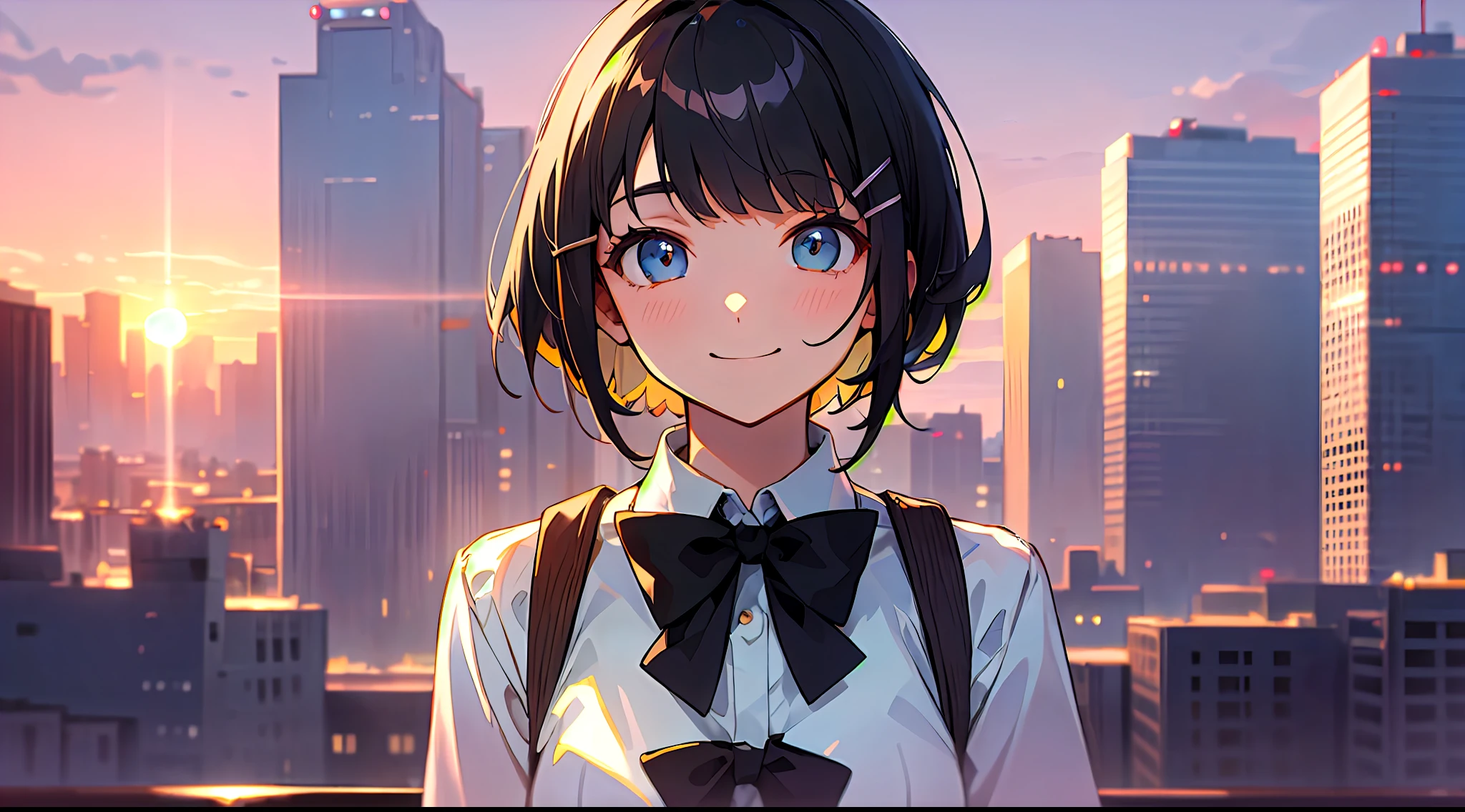 Upper body, mid shot, a woman, detailed eyes, arms behind, short hair, black hair, bangs, rabbit hairpins, white school uniform, black bow tie, long sleeves, standing, city, dusk, sunset, smile