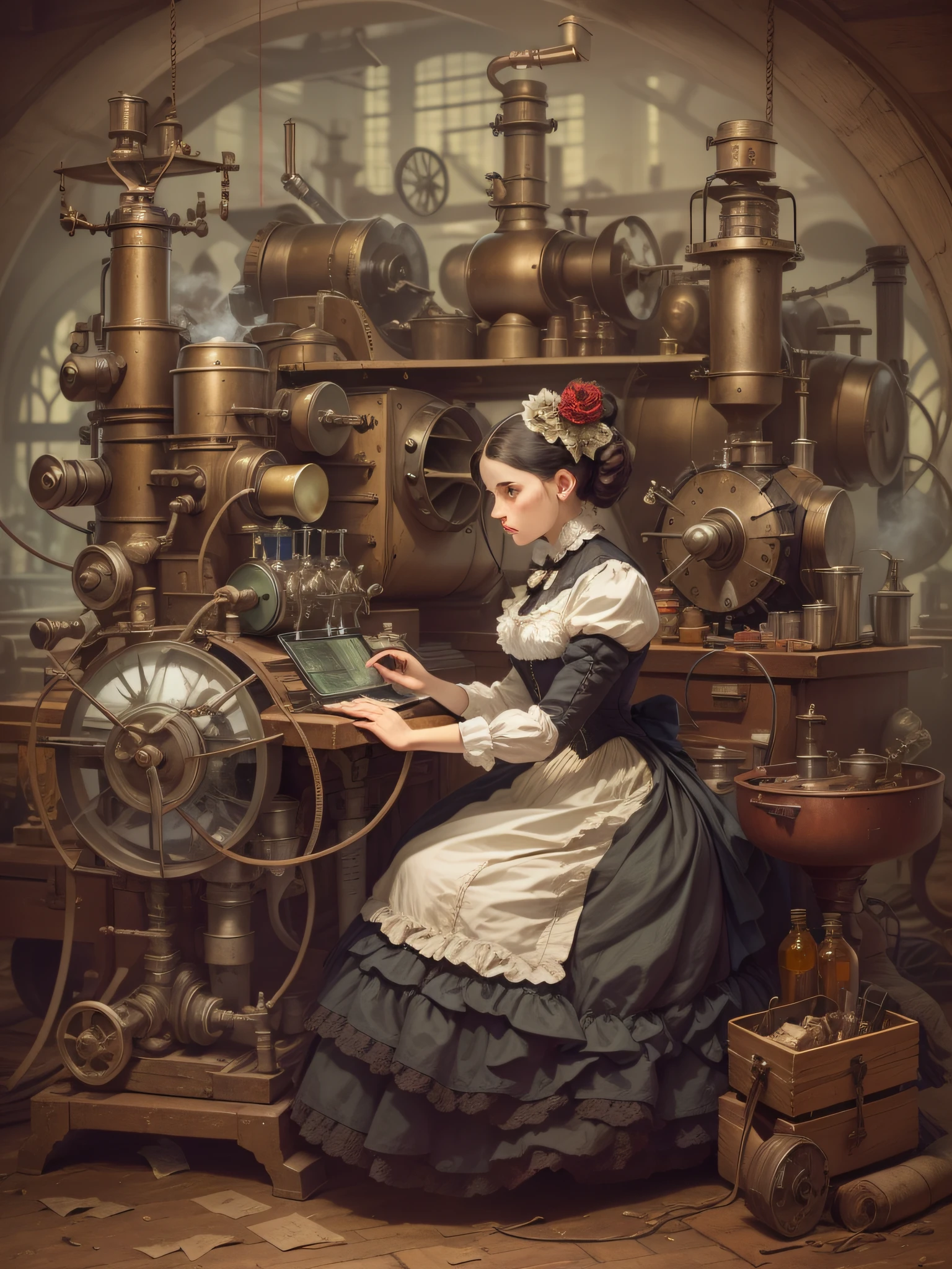 Entre na oficina de Amelia, a brilliant engineer who wears practical Victorian costumes while working on her latest invention. Steam-powered machines and design sketches reflect his pioneering contributions to the Industrial Revolution.