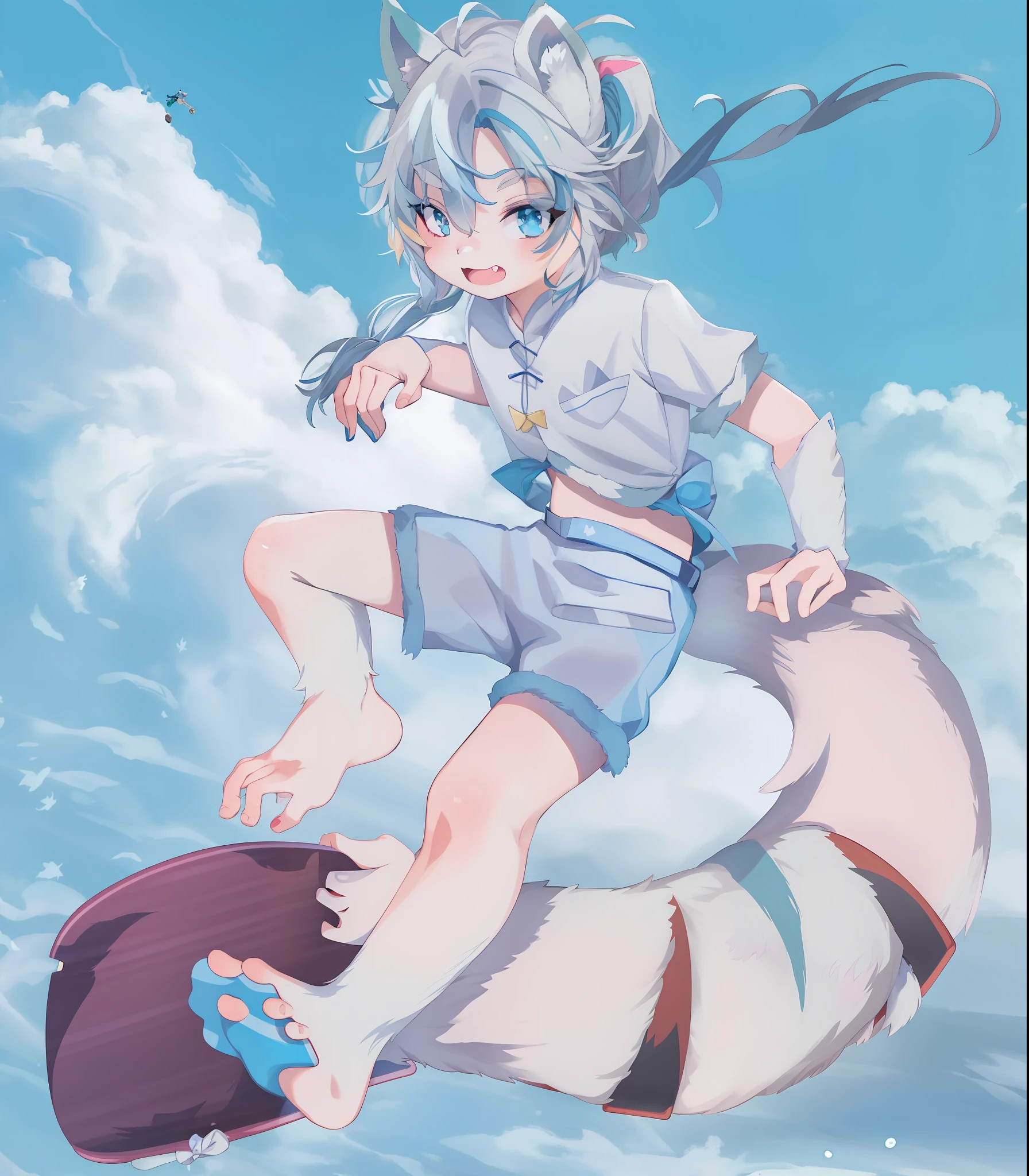 Anime characters with blue hair and white shirt on skateboard, In anime style, Boy with cat ears and tail, white fox anime, in an anime style, anime style character, official fanart, nyaruko-san, offcial art, anime figure, anime art style, komono, High Quality Anime Art Style, official character art, Furry anime, High-quality fanart