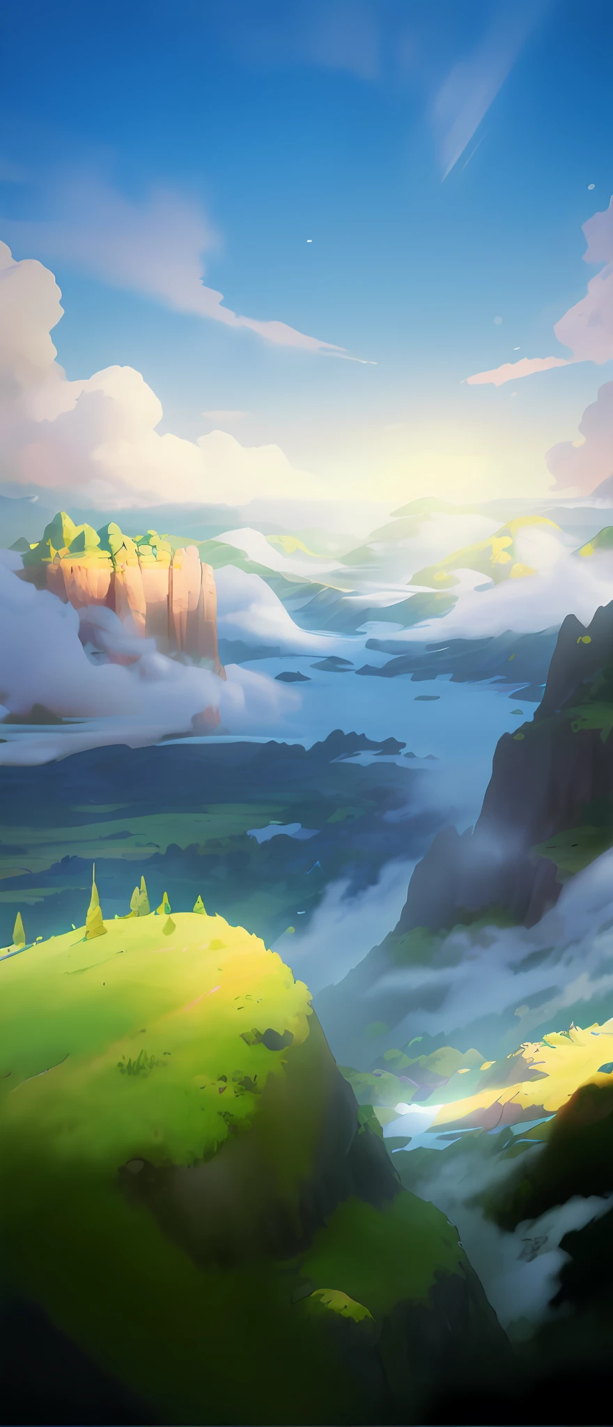 Real scenes,High hills,earth,Plantas exuberantes, rich details,Realistic light and shadow, a 3D render, Incorporates elements of Disney cartoon style.high definition detail,Hyper-detailing,Cartoony,the soft light,Deep field focus bokeh,