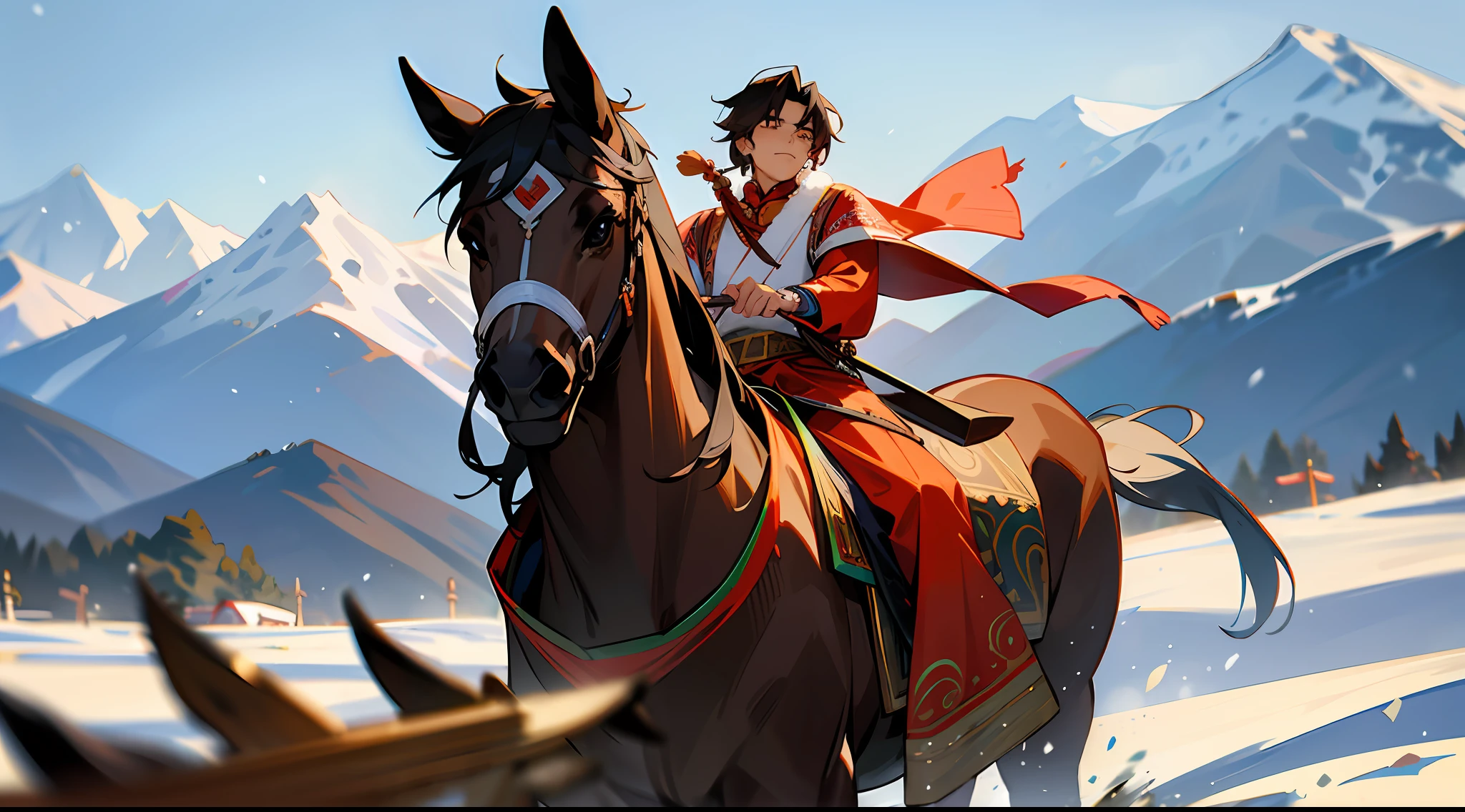 A handsome Tibetan man rides a horse,Chinese ethnic minorities,tibetan,Brown gradient hair,Tibetan costumes with Chinese motifs,Correct fingers,Winters,Snow,snow mountains,Full of mountain Kelsang flowers,Blurred foreground,best qualtiy