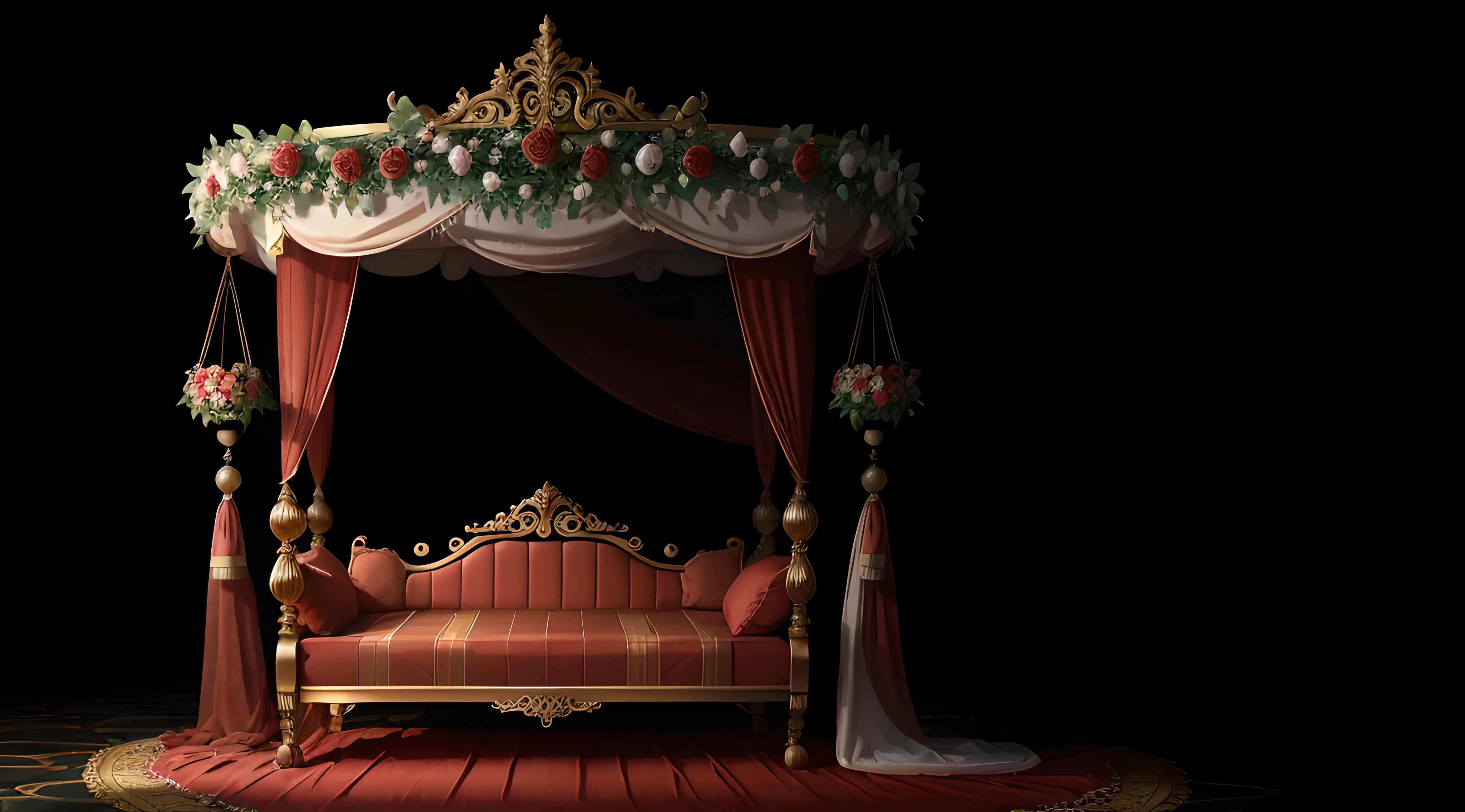 make a realistic full digital backdrop cotton gold Carriage swing bed, red and yellow rose flowers background, realistic tree, High regulation, realistic tree, High regulation, 8K picture quality, ultra HD, ultra high definition, ultra sharp focus, real photo, Beyond Clarity, Unveiling the Details, Ultra HD Photography, Ultra Sharp Focus, Beauty of Ultra HD Images, Real Photo in Ultra High Definition, very clear, --auto