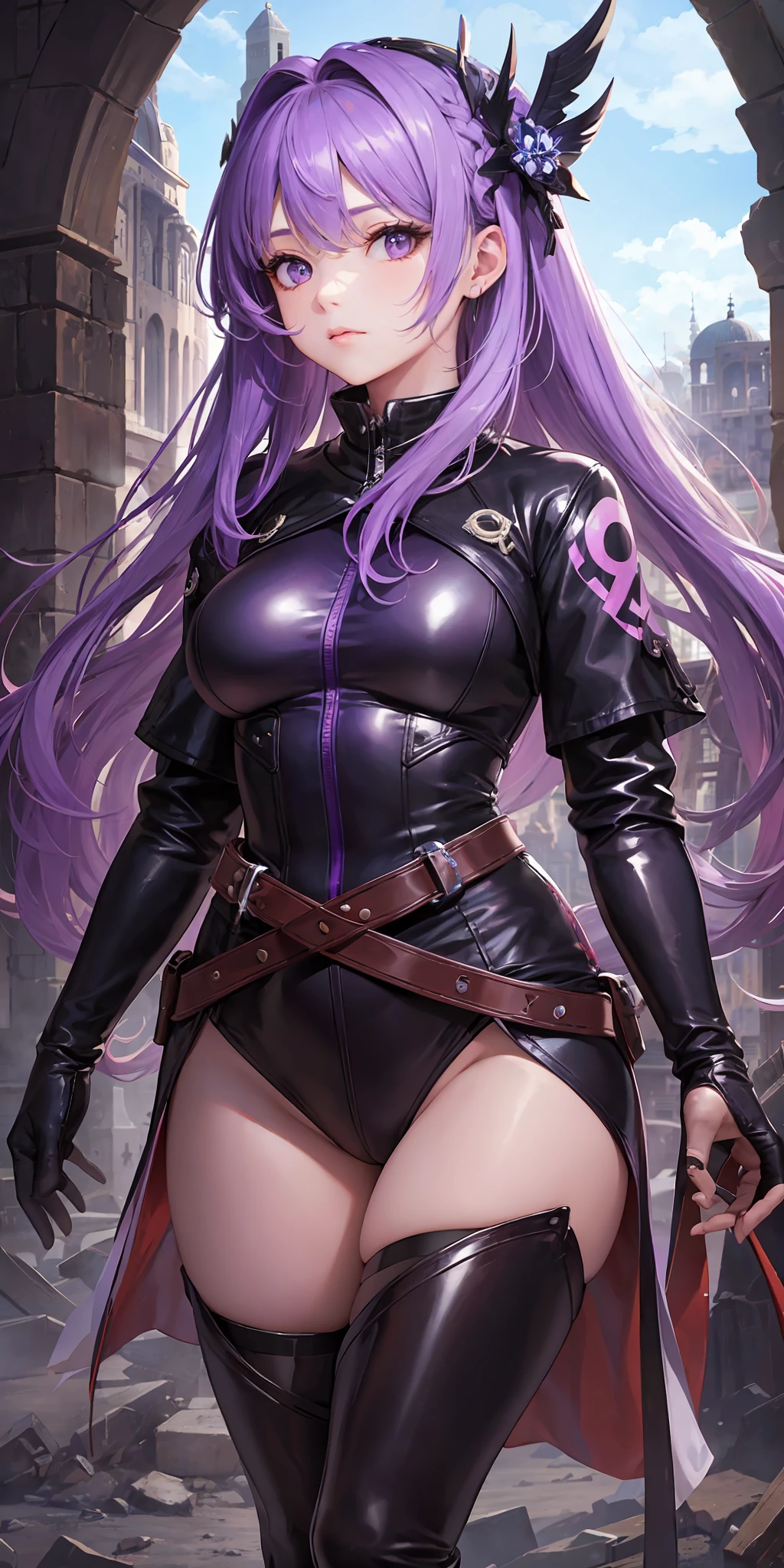 1girll,Gorgeous Hair in Long Purple,Purple one-piece skinny leather coat,Tattooed with,There is a red ribbon around the waist,Purple boots,The thigh has leg rings,There is a katana in the left hand,The right hand has a purple energy glow,Hands full breasts, Convex buttocks, city ruins,holy rays,A desert,Detailed background, Clothing details, perfectly proportioned, filmgrain, Fuji colors, lightand shade contrast, tmasterpiece, high detal, high qulity, A high resolution, Cinematic lighting, 8K, Textured skin, Super detail