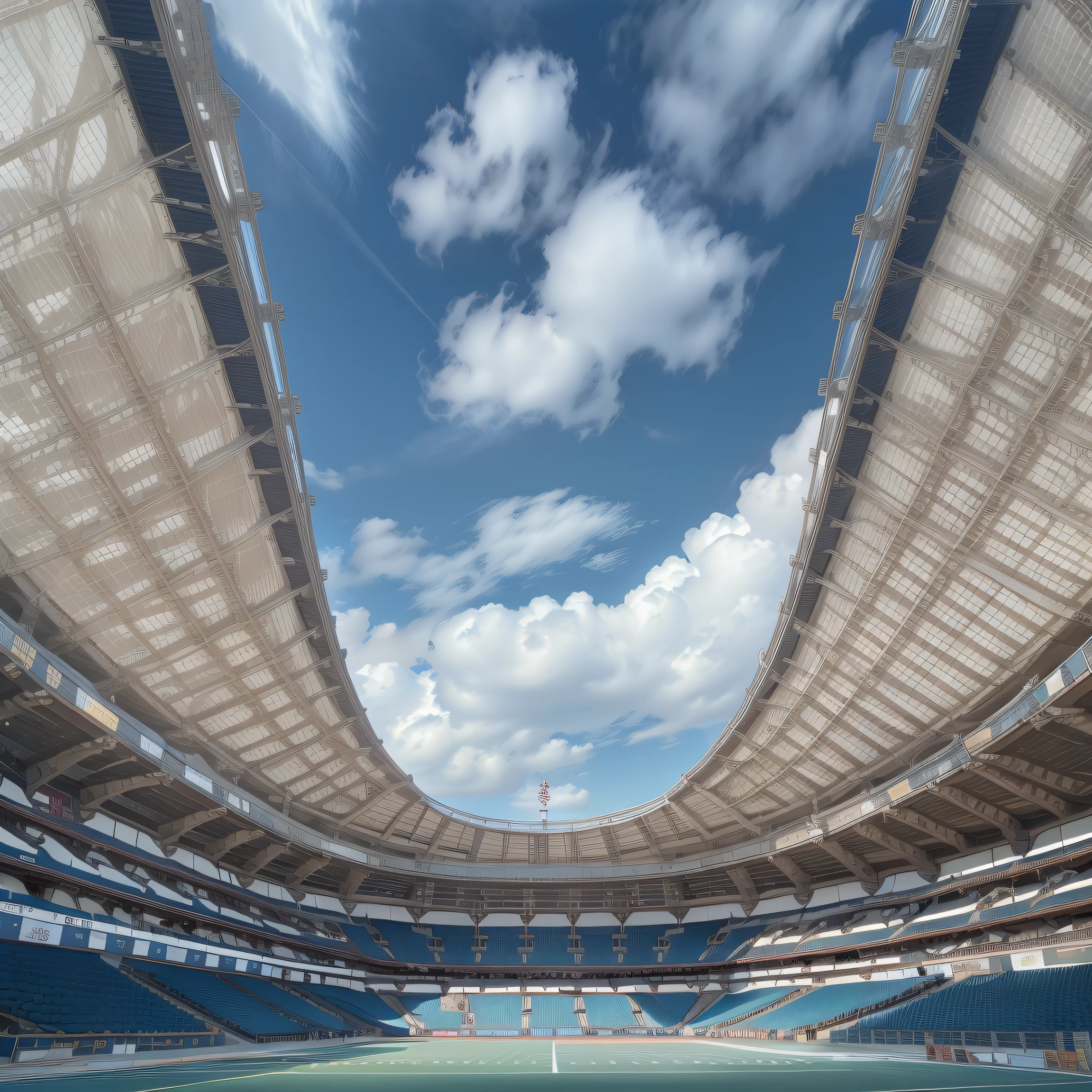 gym，sports arena，periphery，Overlooking the entire stadium，Sky blank clouds，with blue sky and white clouds，overlooks，High-altitude overlooking