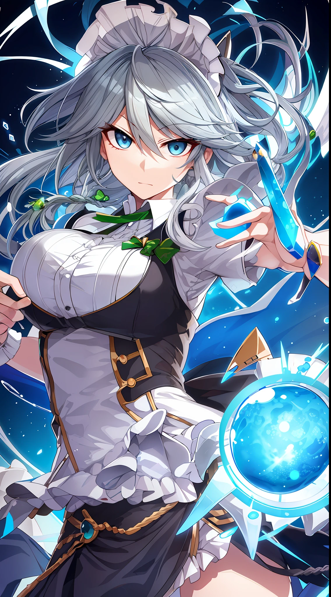 (Animated). Female (((Sakuya Izayoi))) time master, short spiky silver hair, blue eyes . (Masterpiece: 1.8), 64k quality, final fantasy artwork concept, detailed manga eyes, detailed hair, detailed clothes, detailed body, sharper drawings, pronounced detailed face, shiny objects like jewelry, see the creases on the clothes, more consistent clothes, more rounded eyes, globular transparent liquid eyes, more colors, more consistent clothes , correct clothing features, better eye line, better shoulders, really colorful, coarser line, black line, finishing. (coarser stroke: 1.8) (black stroke: 1.8) (color: 1.8) (clean: 1.8) (color contrast: 1.8) (black outline: 1.8) (adjusted color contrast: 1.8) (shadow play: 1.8) (manga eyes: 1.8) (medium breasts small) (beautiful body) (muscle: 1.5 ) (rendering homogeneous: 1. 3)