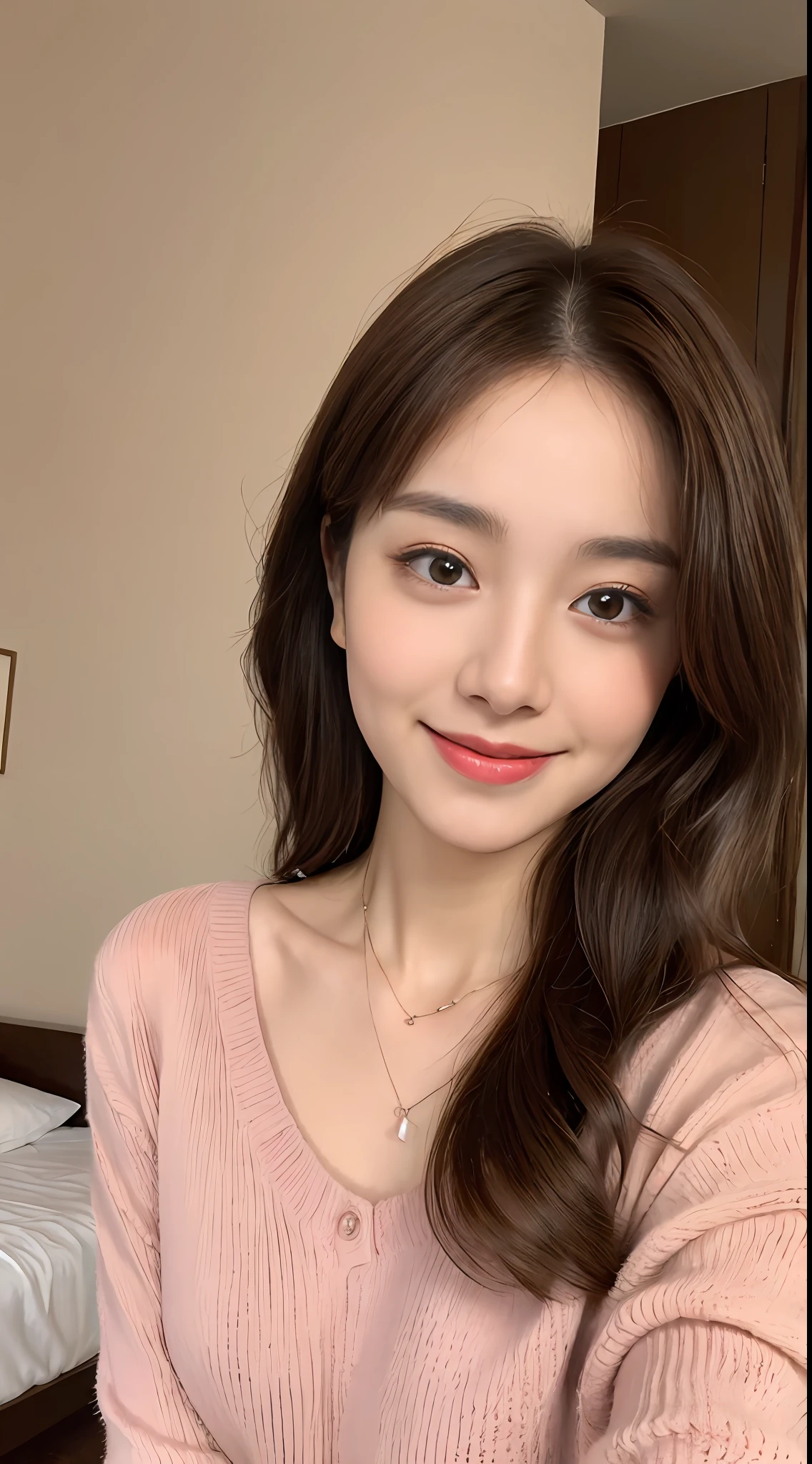 ((Night, Realistic Light, Best Quality, 8K, Masterpiece: 1.3)), 1girl, Slim Beauty: 1.4, Abs: 1.1, (Brown hair, Medium breasts: 1.3), Long pink sweater: 1.1, bedroom, super fine face, delicate eyes, double eyelids, smile, necklace