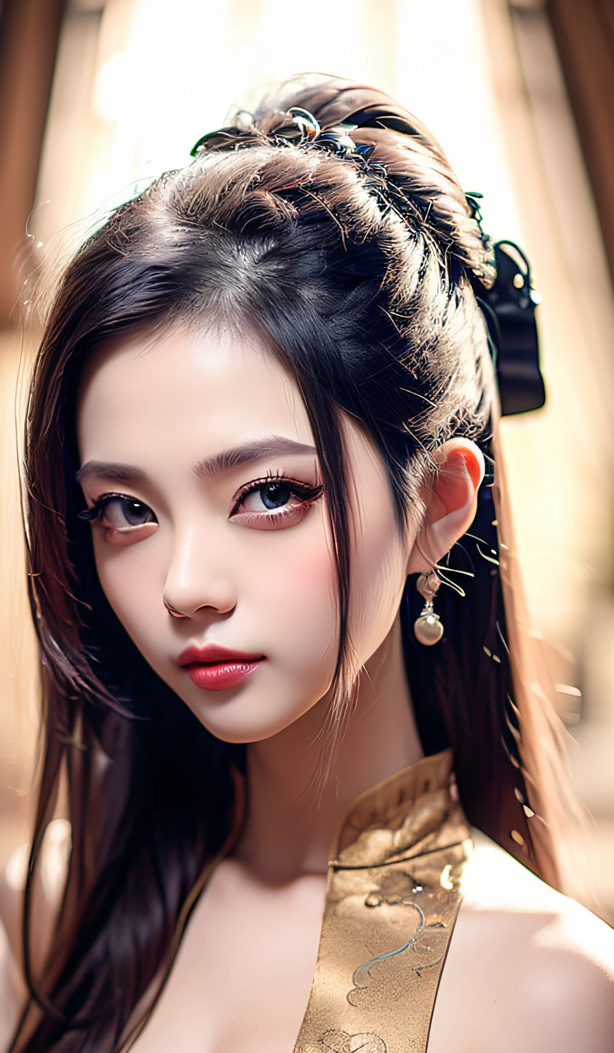 top-quality、masterpiece、hight resolution、Wuxi 1girl、(gold Chinese dress)、(((Super beautiful face)))、Super beautiful eyes、Super beautiful hair、((cleavage of the breast))、((exposed breast))、((Sexy cleavage、very highly detailed breasts))、