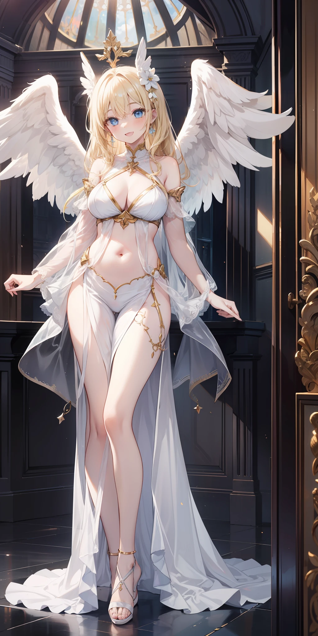 Angel girl, angel wings on back, White dress, pale skin, blue eyes, ear, nose, open mouth, smiling, blonde hair, neck, shoulders, big chest, arms, belly, thin waist, thick legs, big thigh, feet, floor, standing