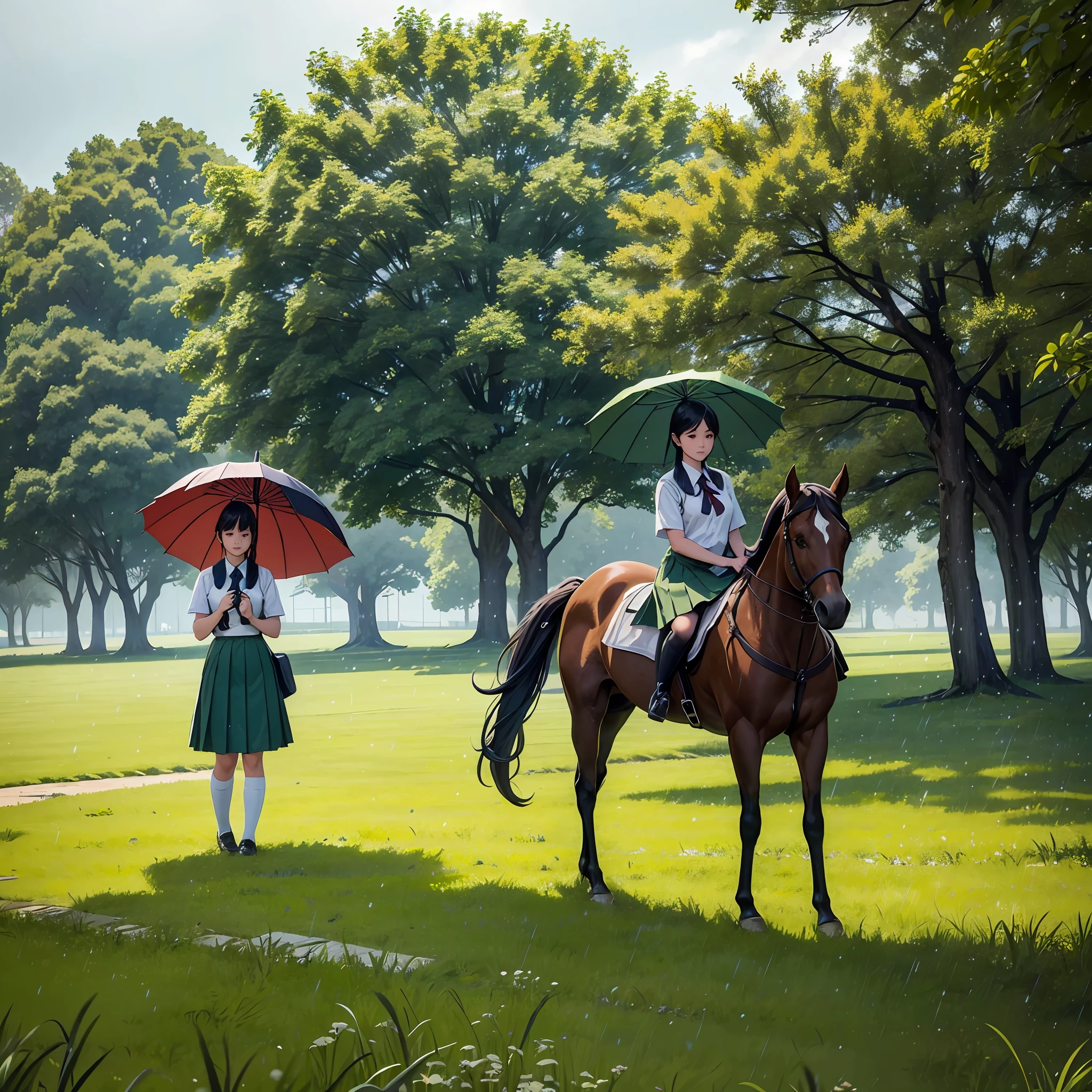 schoolgirls,dual horsetail,An umbrella,the trees,Foliage,grassy fields,rained