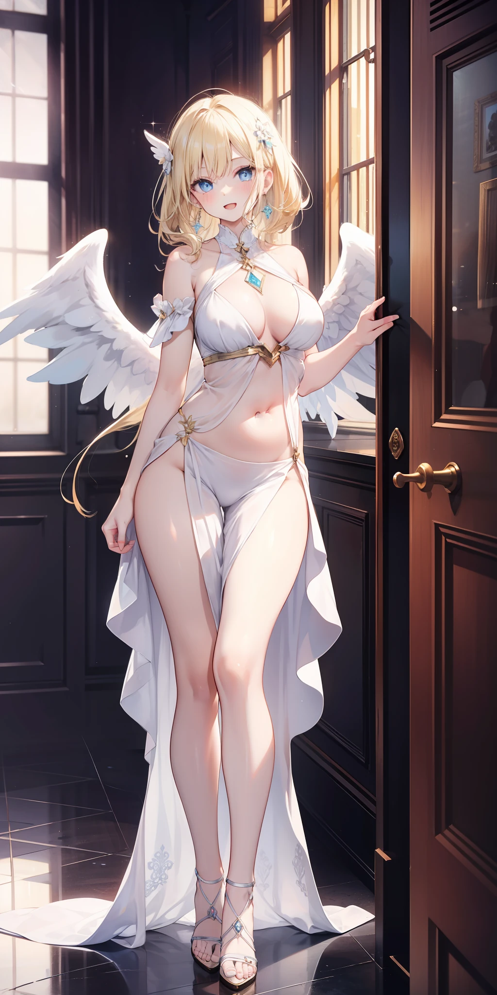 Angel girl, angel wings on back, White dress, pale skin, blue eyes, ear, nose, open mouth, smiling, blonde hair, neck, shoulders, big chest, arms, belly, thin waist, thick legs, big thigh, feet, floor, standing