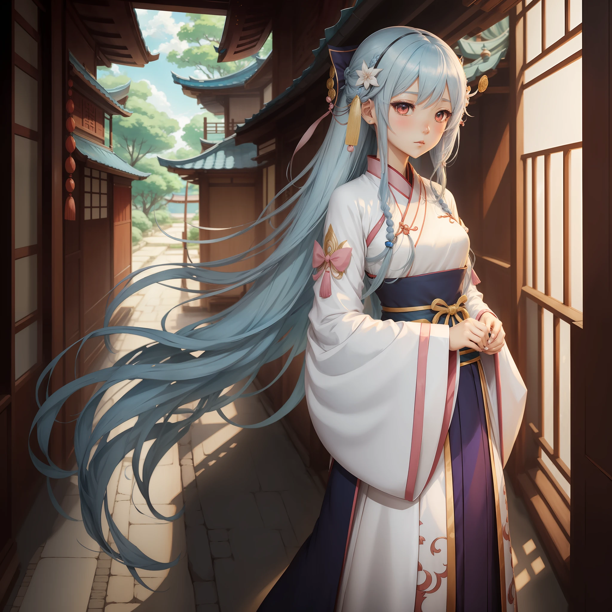 An anime character from a woman dressed in Hanfu，Wear long, fluent clothes，pretty anime character design，anime visual of a cute girl，Kantai collection style，anime moe art style，small curvaceous loli，Chen Jiru，small loli girl，Anime character design，Highly detailed character design，guweiz，high quality character design，high qulity。super detailing。Blue-white hair，Dango head，2d anime style，solo person --auto