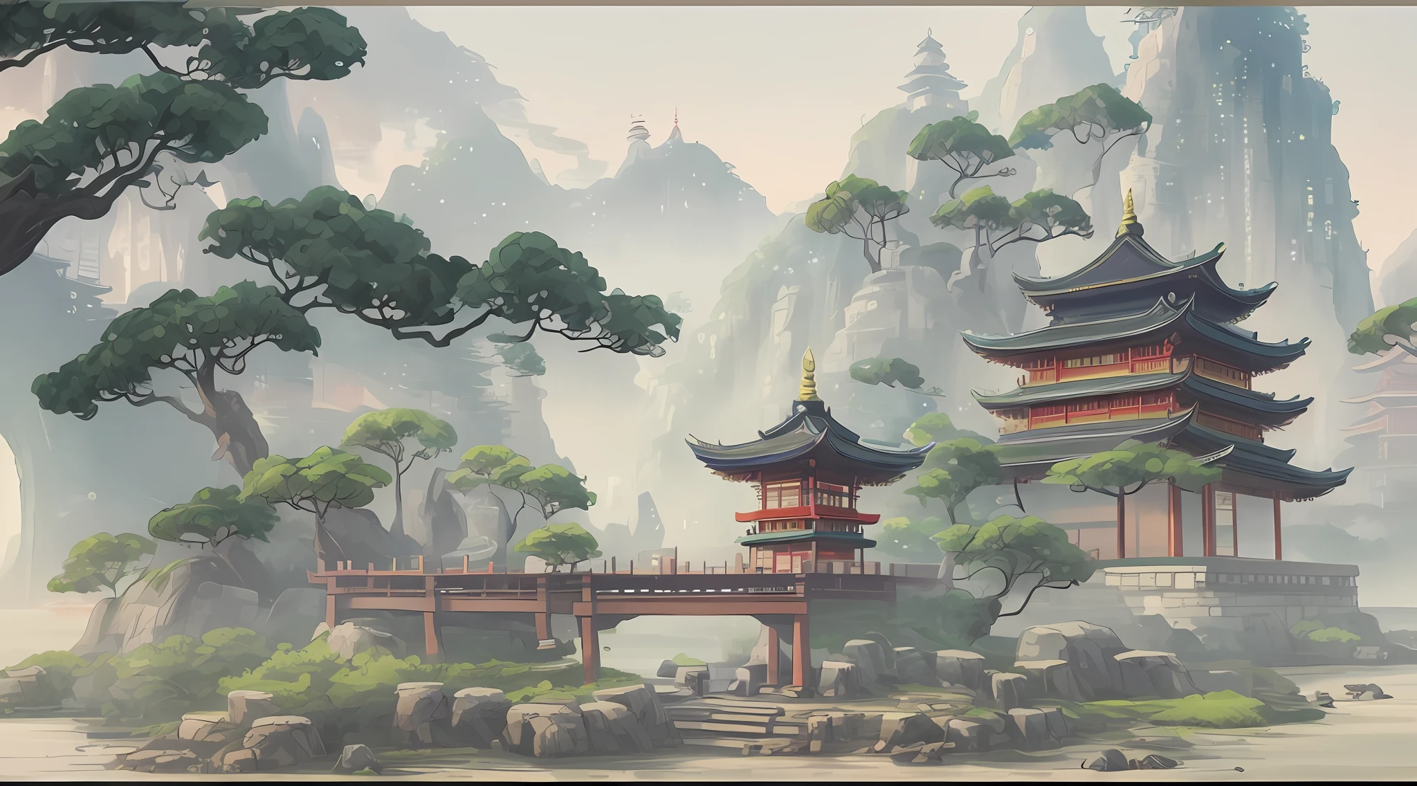 There is a painting,Pagodas with trees in the forest, G Liulian art style, Chinese watercolor style, digital painting of a pagoda, Anime background art, cyberpunk chinese ancient castle, Detailed scenery —width 672, Anime landscape concept art, ancient city landscape, Temple background, Anime landscape, Zen temple background, landscape artwork, dreamy Chinese towns