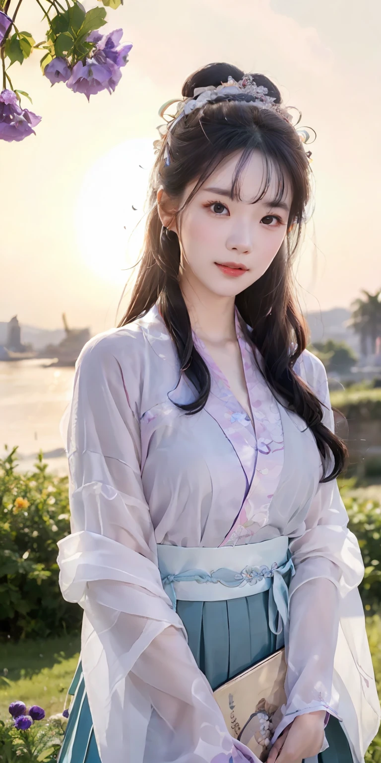 tmasterpiece, black_Hair, 1girll, looking at viewert, Long_Hair, nail_Polish, 独奏,ancient art, Chino,(8K, best qualtiy, tmasterpiece:1.2), (realisticlying, realisticlying:1.2),(Background sky: 1.2),(close-up all over the body: 1.7), looking at viewert, Hanfu, 1girll,(Purple flower pine ink:1.1),closeup of face,Detailed face,Hanfu,Song,long shan,Pleated skirt,Cinematic lighting, Motion blur, Ray tracing, god light, full bloom, shadowing, Close-up, Lens flare, hyper HD, Masterpiece, ccurate, Anatomically correct, Textured skin, Super detail, High details, High quality, Award-Awarded, Best quality, A high resolution, 16k, HD,acurate,The right hand,(anatomy correct:1.5),