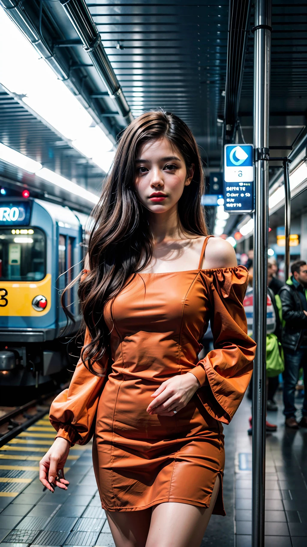 (1girl), solo, greece-girl, long_hair, wearing(orange-dress, puff_sleeves), photo(medium-shot), standing, background(futuristic-metro_station, blurry:1.55), (photorealistic, absurdres, best_quality),
