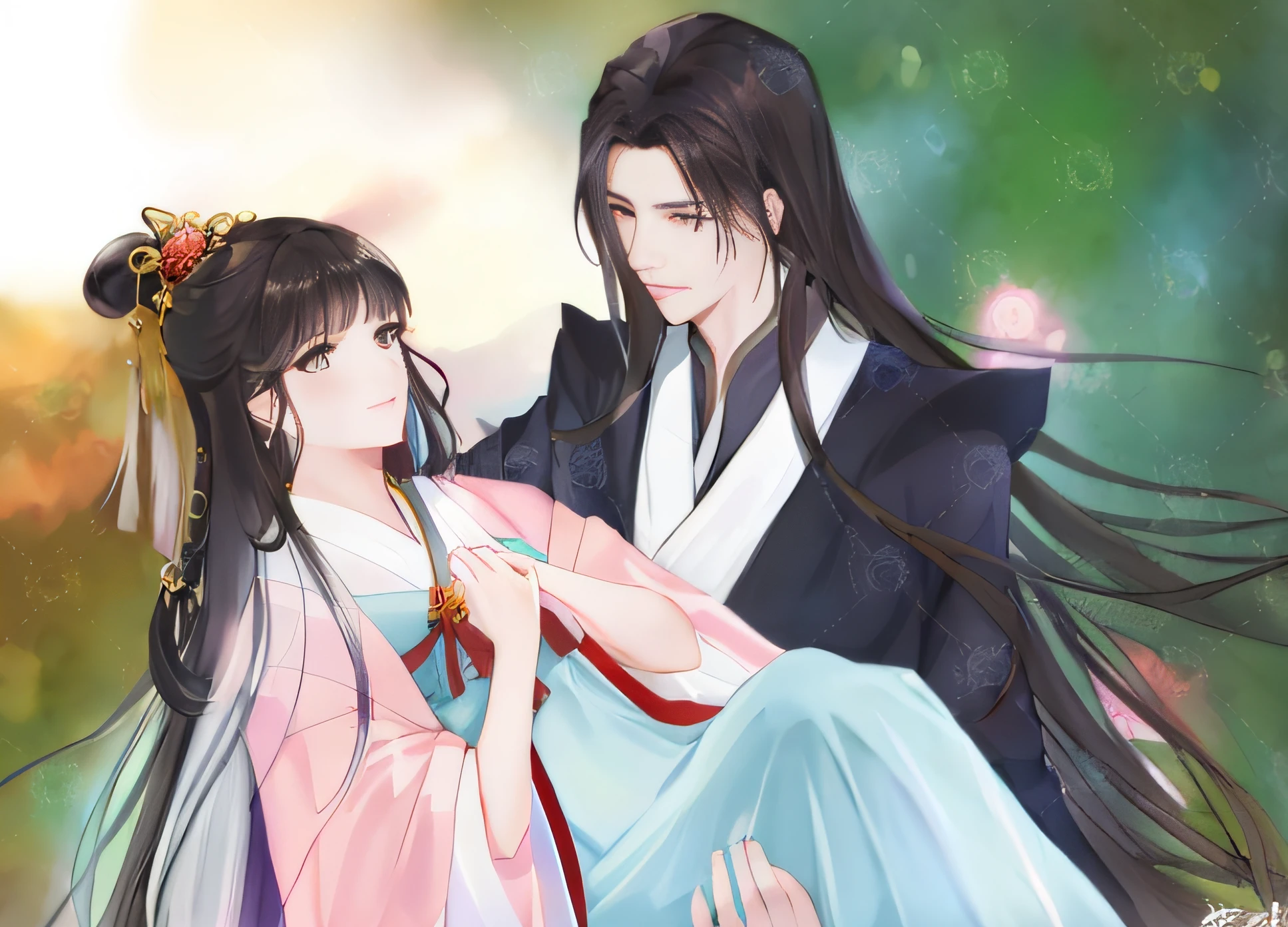 Princess hug, Chinese style ancient style handsome men beautiful women men look at girls affectionately masterpieces with meticulous brushstrokes,Anime couple in traditional costumes,Long hair and blue dress, flowing hair and long robes, in the art style of bowater, Inspired by Seki Dosheng, xianxia fantasy, full-body wuxia, inspired by Ma Yuanyu, Guviz-style artwork, Wuxia, by Yang J, boy girl traditional romance