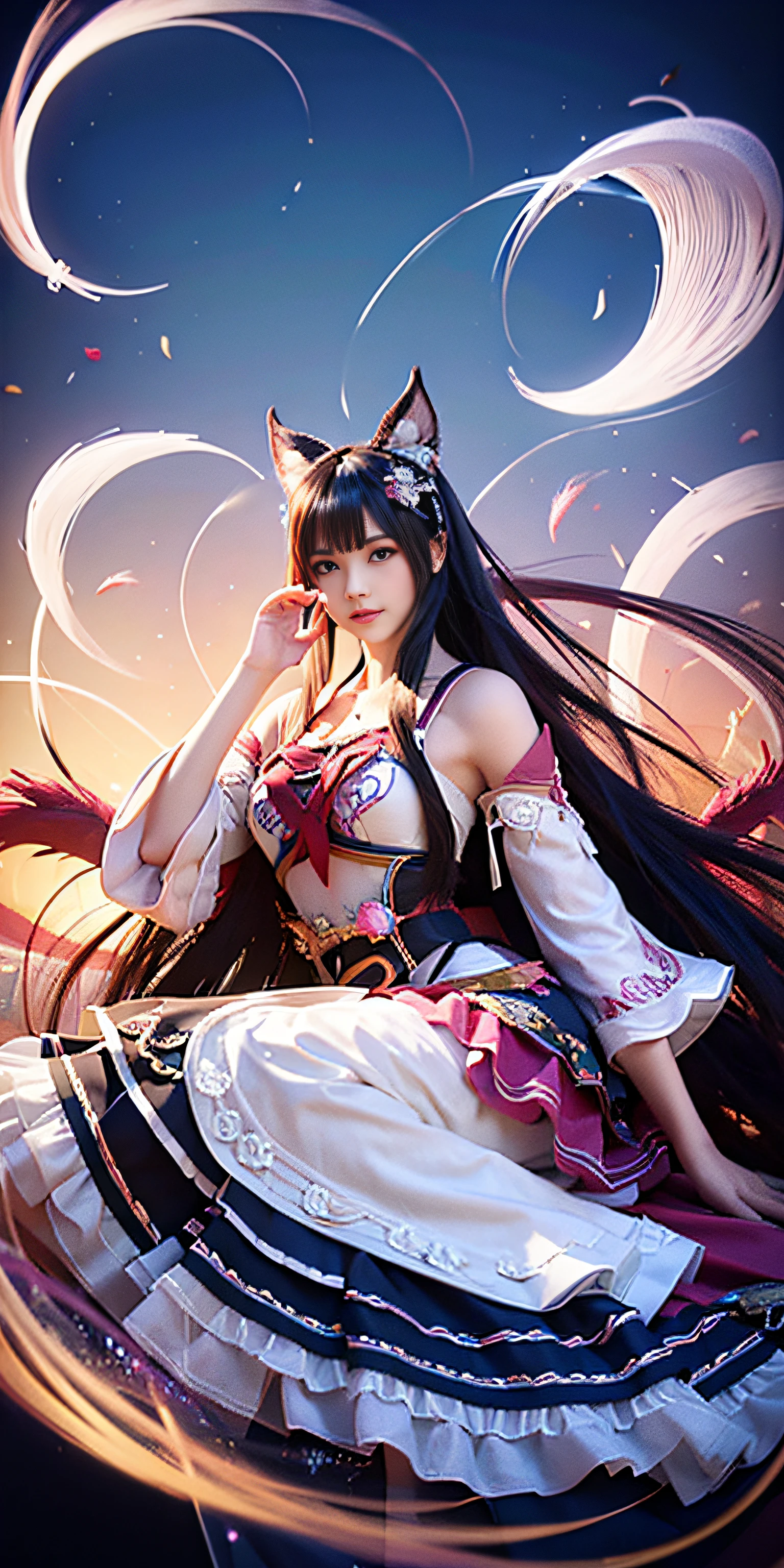 ahri, 1girl in, Solo, 9 tails, flower field, florals, (White smoke:1.3) (Photorealistic:1.4), Zentangle, mandalas, Entangle, Official art, Unity 8k壁纸, ultra-detailliert, Beautiful and aesthetic, masutepiece,Best Quality, (Dynamic Angle:1.4), Glowing skin, (floating colorful sparkles:1) Most Beautiful Form of Chaos, Elegant, a brutalist designed, vivd colour, Romanticism Depth of Field,