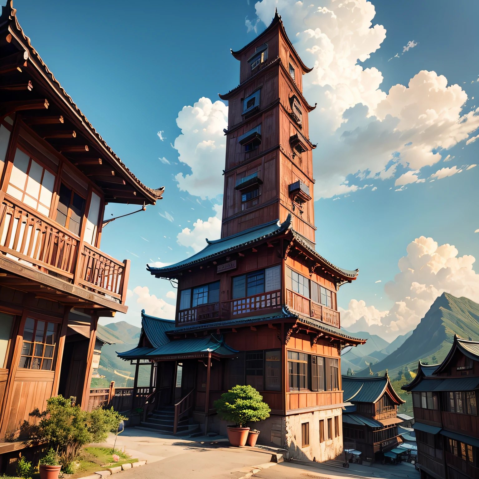 Ancient wind,Quaint,Chinese,Restaurant hostel,towering,The exterior of the entire building,wood,high rise,Located at the foot of the mountain,Individual building,with blue sky and white clouds