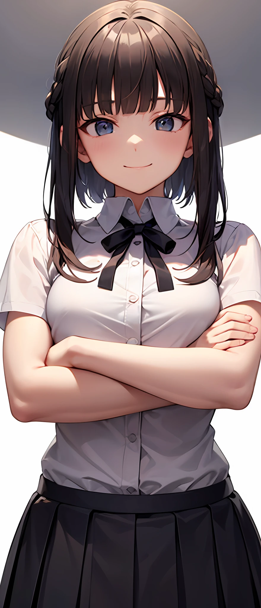 best quality,masterpiece,white background,white shirt,pleated skirt,look down on, upper body,hair strand,Fair skin,french braid,smile,blunt bangs,gladient hair,front view of the body,loosen clothing around the neck,folding arms,4 fingers