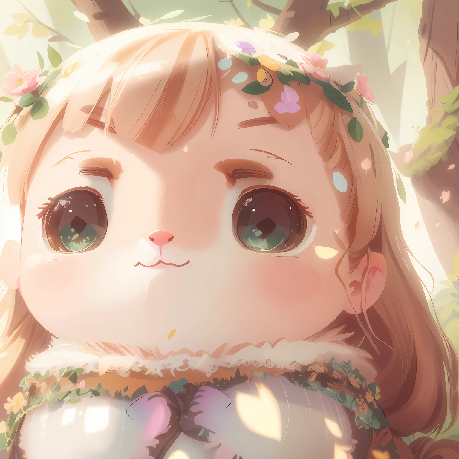 Anime cat with flower crown and flower on hair, Cute detailed digital art, lovely digital painting, adorable digital art, cute 3 d render, cute forest creature, Guviz-style artwork, Soft anime illustration, Kawaii realistic portrait, White Cat Girl, advanced digital chibi art, cute anime catgirl, very beautiful cute catgirl