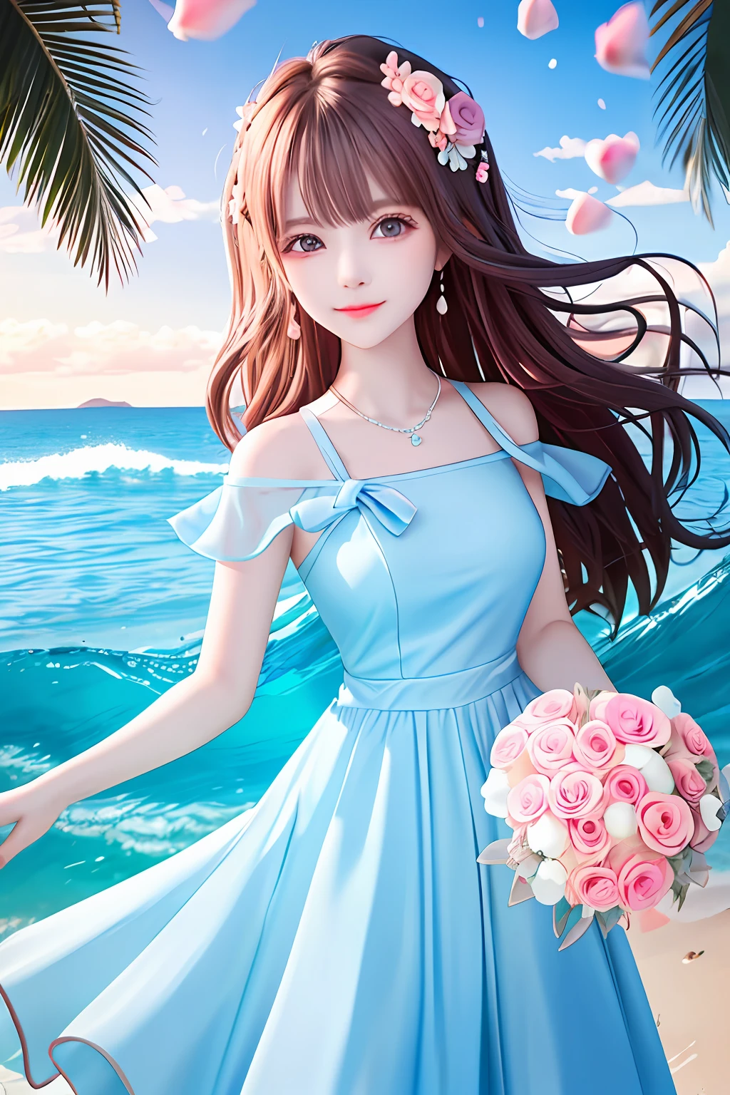 A beautiful 22-year-old girl
Hair color is light blue
Pink rose bouquet
Wearing a light blue dress that looks like sea water
A light blue dress that looks like sea water
Starfish and crabs on the beach