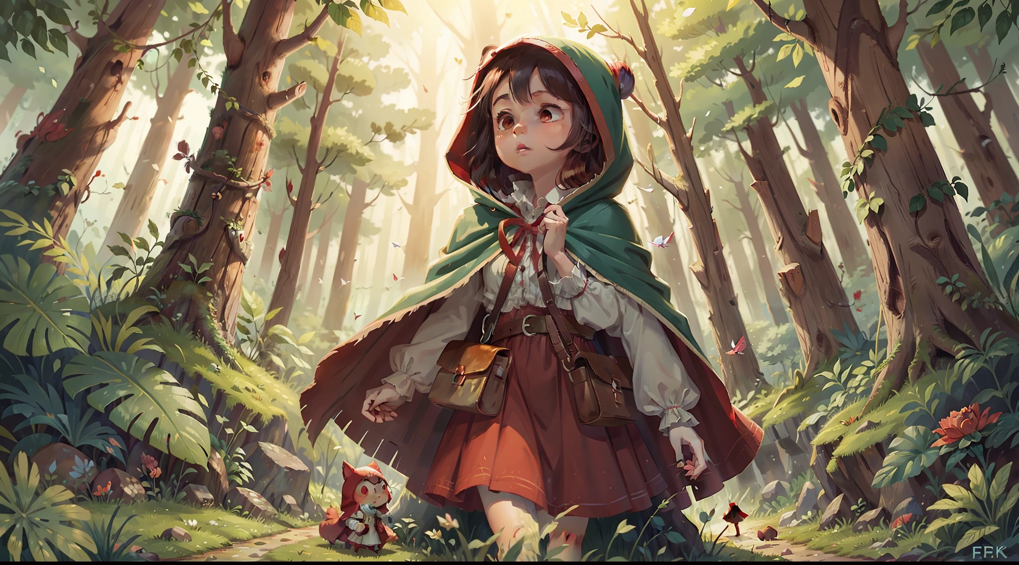 Fairy tale picture book,Little Red Riding Hood walks alone in the deep forest