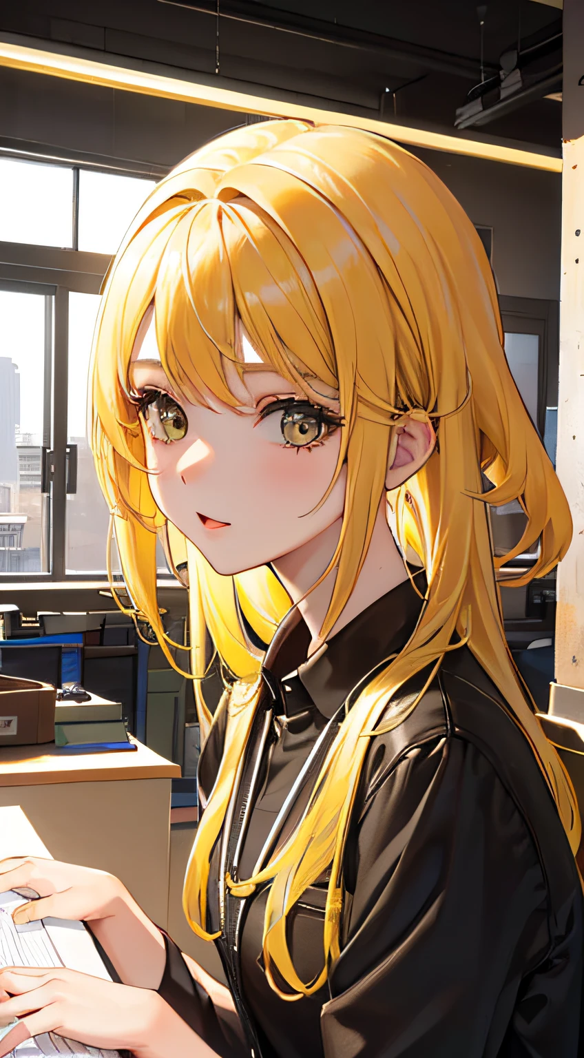 ((1girl,yellow hair,office)),masterpiece,raw photo,best quality, photorealistic,.