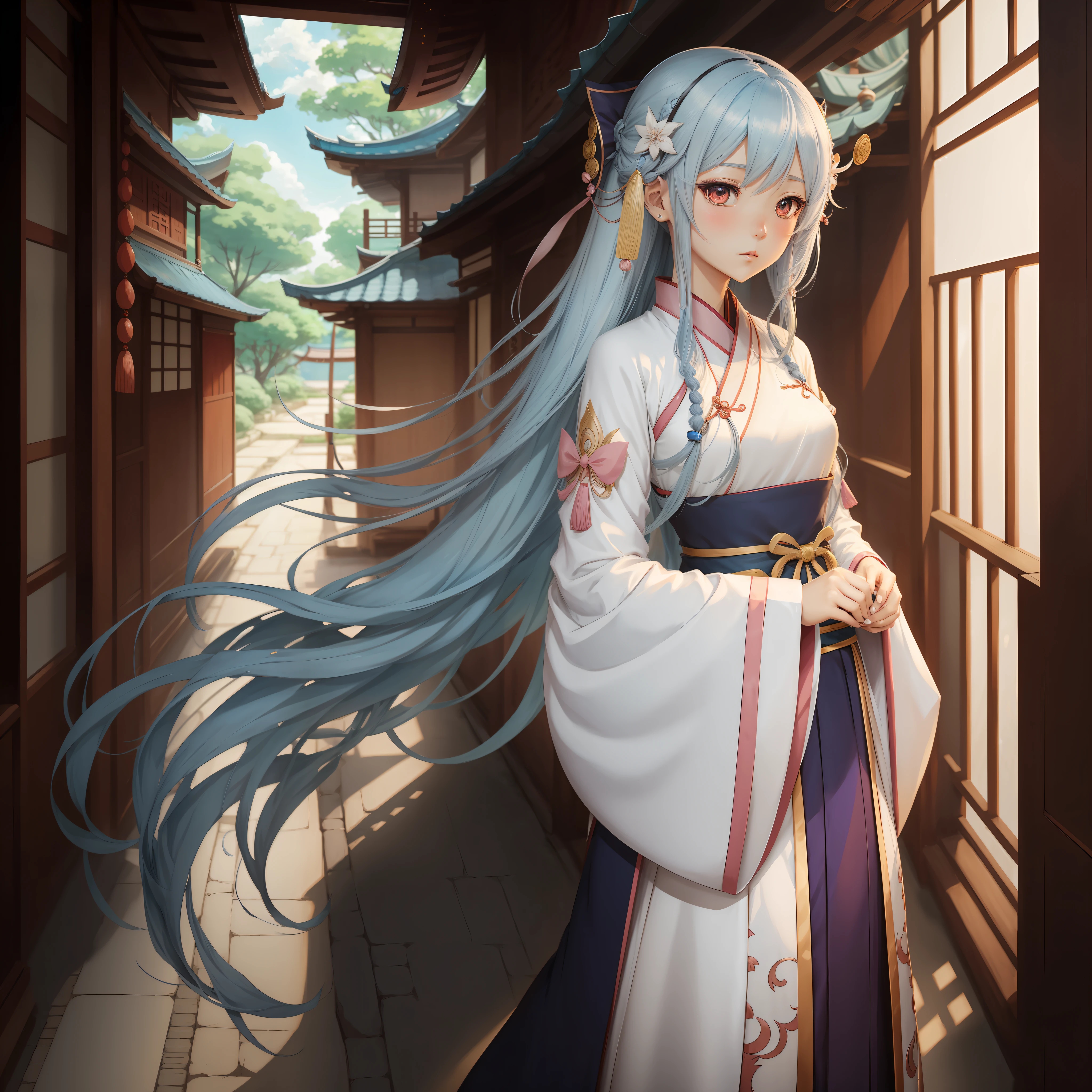 An anime character from a woman dressed in Hanfu,Wear long, fluent clothes,pretty anime character design,anime visual of a cute girl,Kantai collection style,anime moe art style,small curvaceous loli,Chen Jiru,small loli girl,Anime character design,Highly detailed character design,guweiz,high quality character design,high qulity。super detailing。Blue-white hair,Dango head,2d anime style,solo person --auto