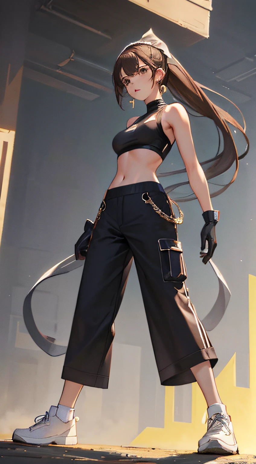 (masterpiece, top quality, best quality, official art, beautiful and aesthetic:1.2), (1girl:1.3), (fractal art:1.3), girl,full body,solo, gloves, headband, pants, ponytail,pants,black gloves, large breasts, long hair, sports bra, earrings, brown hair, midriff, jewelry, white socks,white footwear, rope, navel,white socks,toned, looking at viewer,standing,from below,..