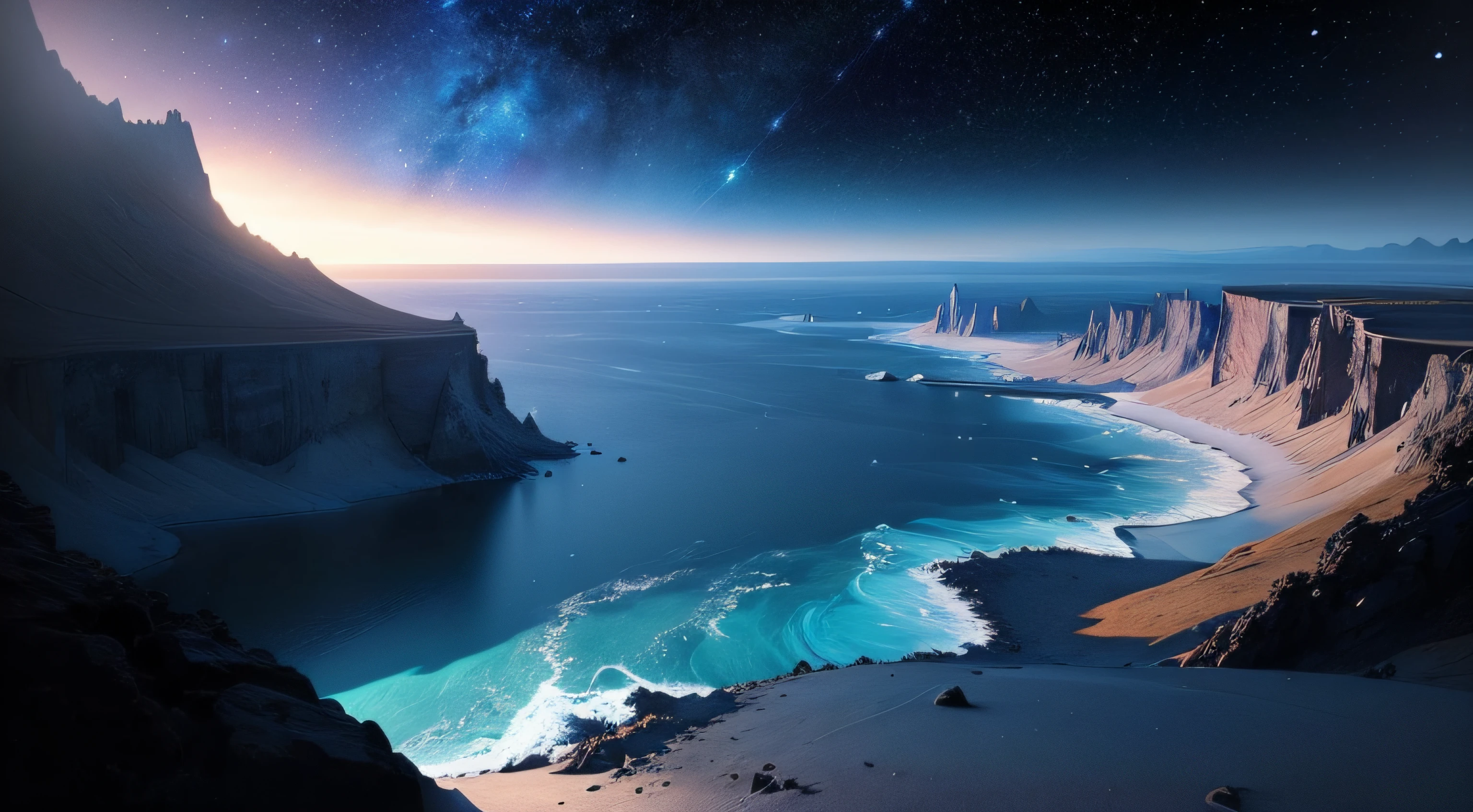 A bottomless blue sea,Starry sky with rivers and distant milky ways, galactic landscape, epic beautiful space scifi, cosmos sem fim no fundo, high detailed digital art, Space landscape, --auto