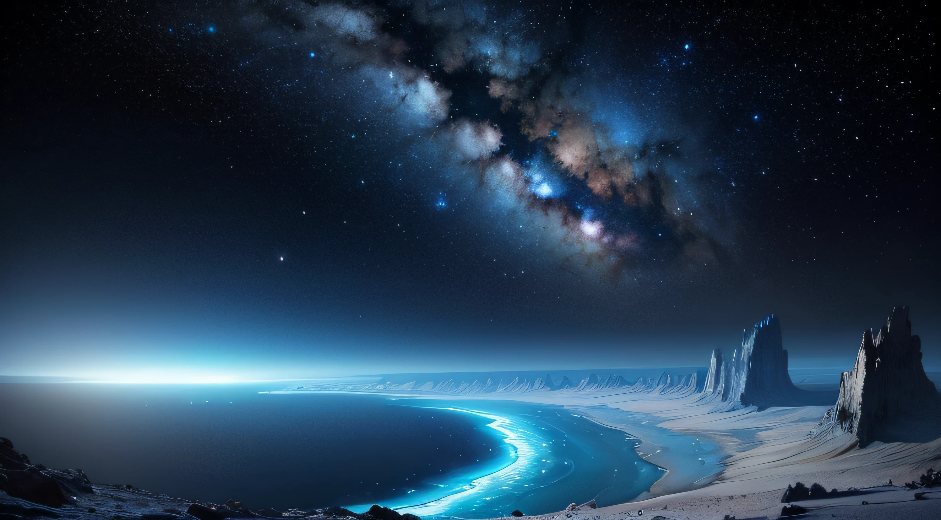 A bottomless blue sea，Starry sky with rivers and distant milky ways, galactic landscape, epic beautiful space scifi, cosmos sem fim no fundo, high detailed digital art, Space landscape, --auto