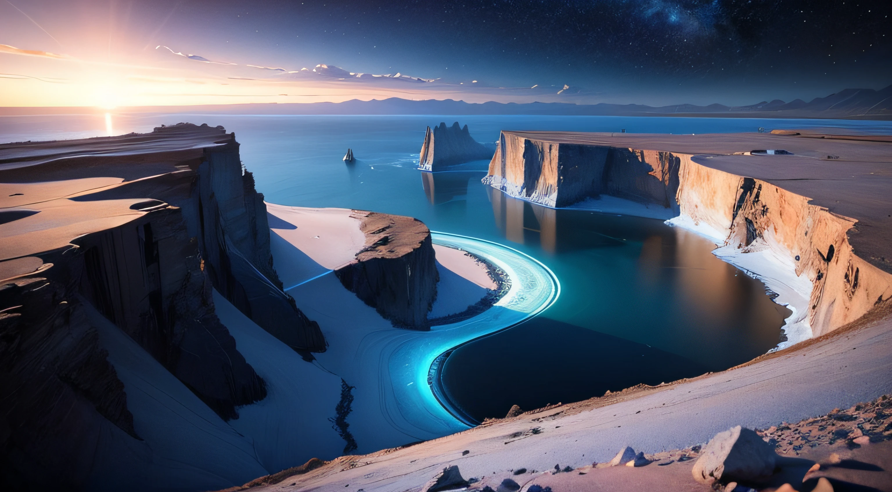 A bottomless blue sea，Starry sky with rivers and distant milky ways, galactic landscape, epic beautiful space scifi, cosmos sem fim no fundo, high detailed digital art, Space landscape, --auto