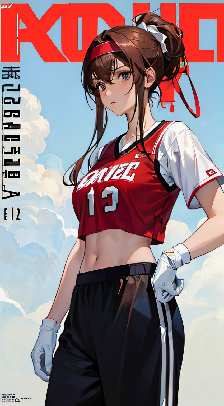 outdoors,Basketball Court,(masterpiece, top quality, best quality, official art, beautiful and aesthetic:1.2), (1girl:1.3), (fractal art:1.3),((masterpiece, best quality,photorealistic,)),(magazine:1.3), (cover-style:1.3),fashionable,girl,full body,solo,Playing basketball, gloves, headband,Blue sweatpants, ponytail,pants,black gloves, large breasts, long hair, Red basketball shirt,brown hair, midriff, jewelry, white socks, white footwear, rope, navel,toned, white socks, looking at viewer,standing,..