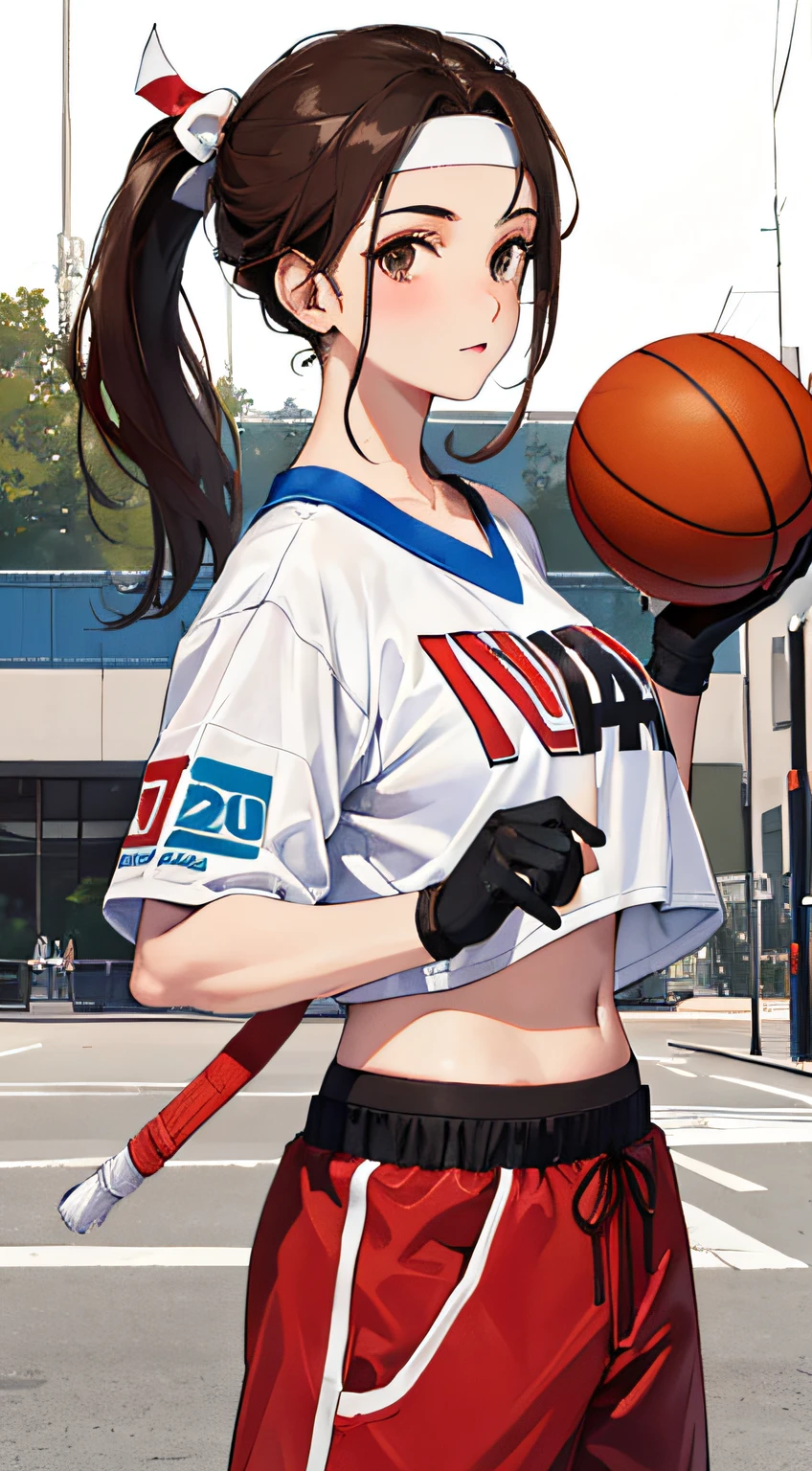 outdoors,Basketball Court,(masterpiece, top quality, best quality, official art, beautiful and aesthetic:1.2), (1girl:1.3), (fractal art:1.3),((masterpiece, best quality,photorealistic,)),(magazine:1.3), (cover-style:1.3),fashionable,girl,full body,solo,Playing basketball, gloves, headband,Blue sweatpants, ponytail,pants,black gloves, large breasts, long hair, Red basketball shirt,brown hair, midriff, jewelry, white socks, white footwear, rope, navel,toned, white socks, looking at viewer,standing,..