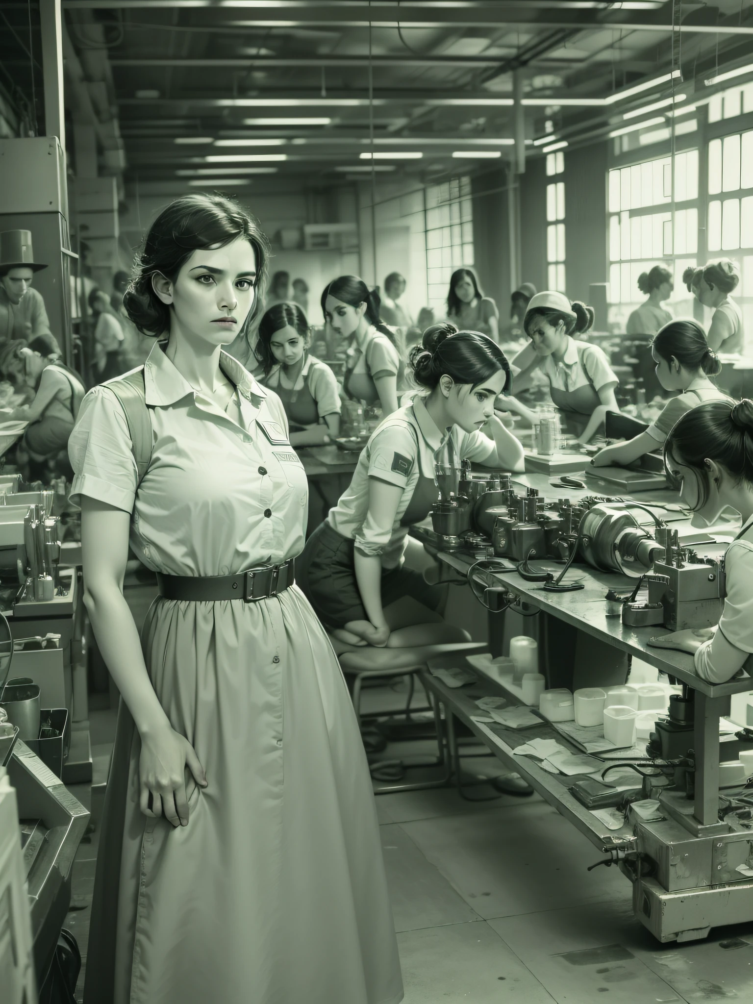 Defender os direitos das mulheres em um ambiente fabril" Observe Charlotte, uma defensora dos direitos das mulheres, while she engages with factory workers in her work environment. Vestida com um modesto vestido vitoriano, It fights for better working conditions and represents the emerging social reforms of the time.