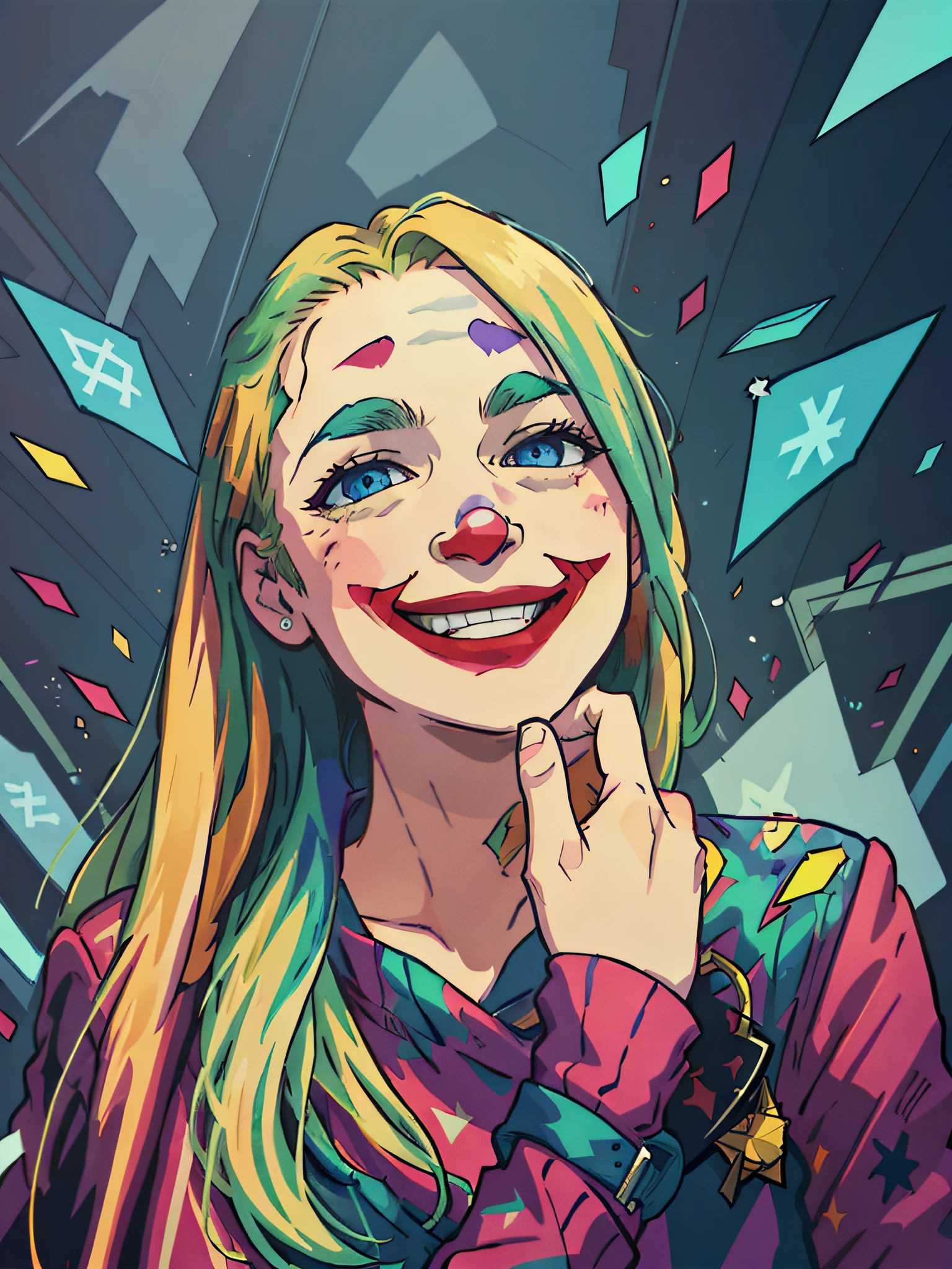 blonde woman with blue eyes and a black top posing for a picture，young，grin face，Movie lighting， hyper HD（best detail）， （（vectorial））， （（（Manhwa Style）））， jocker\（Joker 2019\）， Green hair， evilsmile， Epic， realisticlying， Faded， com cores neutras， （（（hdr））））（best qualtiy），（jocker），back lit lighting, （vectorial））， （（Manhwa Style）），
