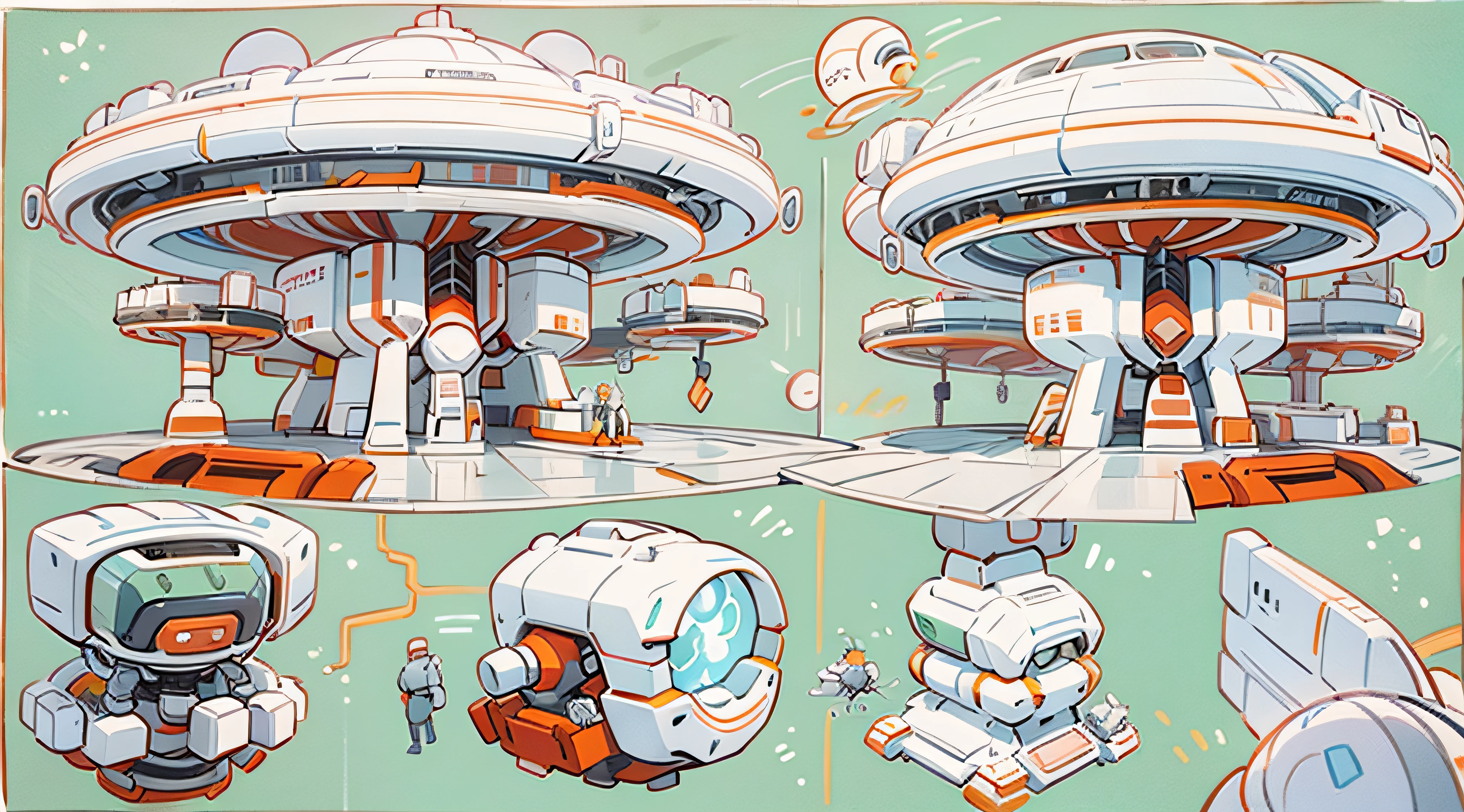 Three views of the science and technology space station,Futuristic,Overlooking,cyclo,hand painted style,Strengthen the stroke,Big platform,white colors,red colour