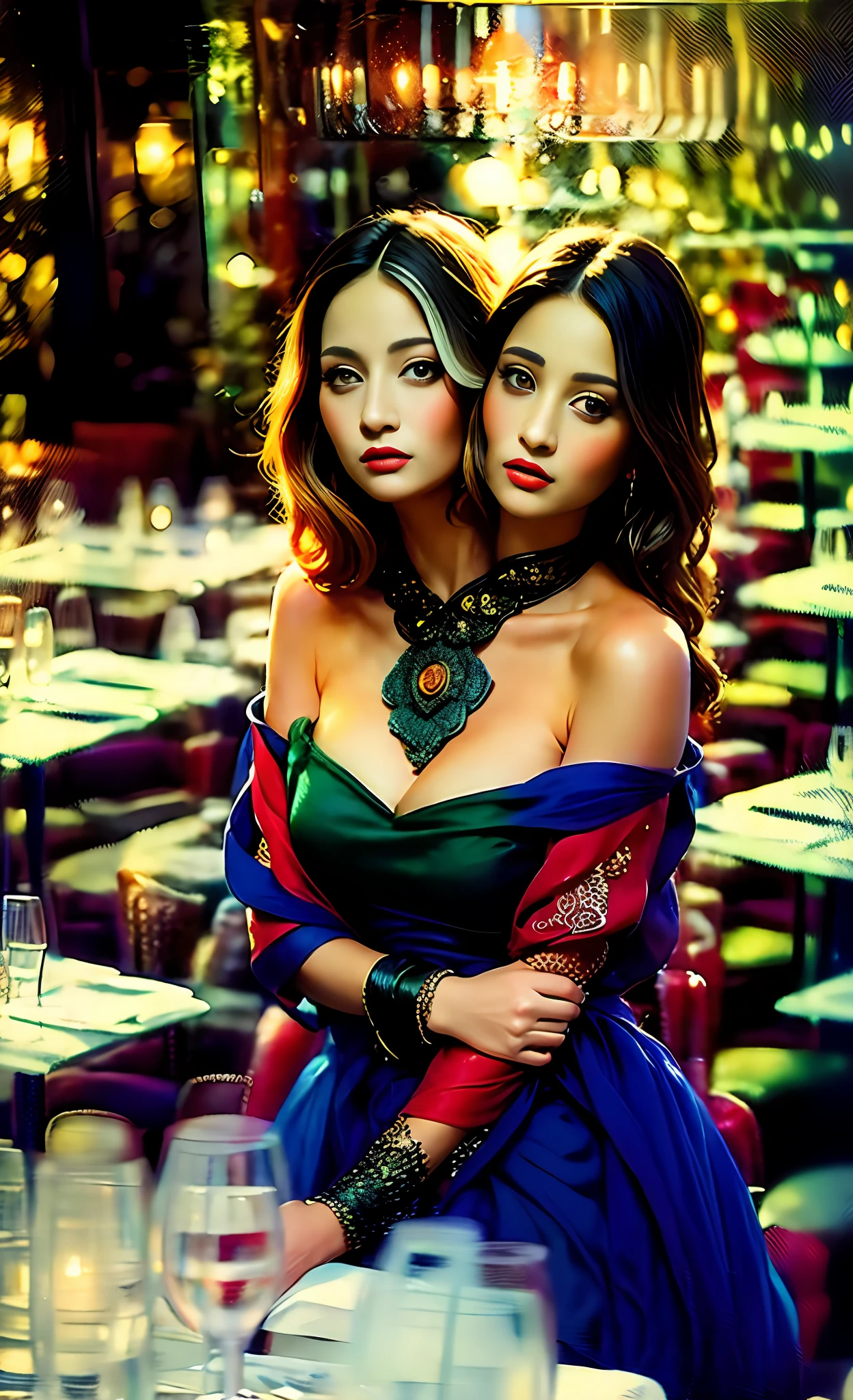 (2heads),1 man, 18 years old, monalisa smile, mesmerizing eyes, straight long hair, wavy hair,blonde hair, black hair, colorful flowing dress, poised posture, porcelain skin, subtle blush,
BREAK
soft shadows, vibrant colors, painterly effect, dreamy atmosphere, sitting across from viewer in table at restaurant
BREAK
Fancy bar in background, restaurant is packed, window showing city evening, ultra detailed, official art, unity 8k wallpaper
, zentangle, mandala