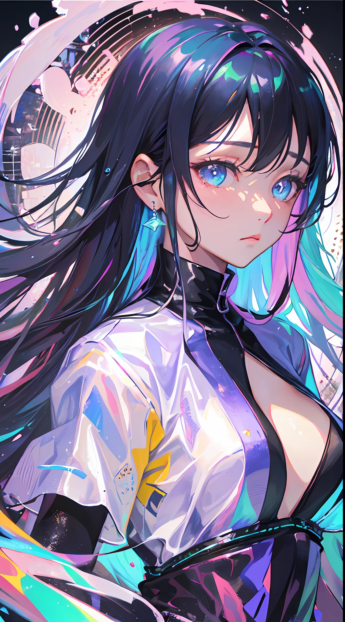 (masterpiece)、(top-quality)、(ultra-detailliert)、(dishevled hair)、(illustratio)、(1girl in)、(Fashionable clothes)、is standing、Fashion Model、Look back、(interview)、(Brief background)、Beautiful detailed eyes、Delicate beautiful face、floating、(High color saturation)、(colorful water splash)、colorful bubble、(shine)、Focus on Face、Kana Arima、Crimson hair、Bangs、hair rings、Floating hair。The girls、Anime Waifu、Look far away、Very detailed and、Reflective transparent iridescent color、Long transparent iridescent RGB hair、Art Bee Scella Rule at Art Station、Thick Acrylic、pixiv illustration、waist up portrait、Gorgeous Holy Girl、top-quality、ultra-detailliert、sad、wise、beautiful countenance、Beautiful Ryton black background、Character stvle rendered by Octane、Background Simple、hugetits、poneyTail、The strongest beauty