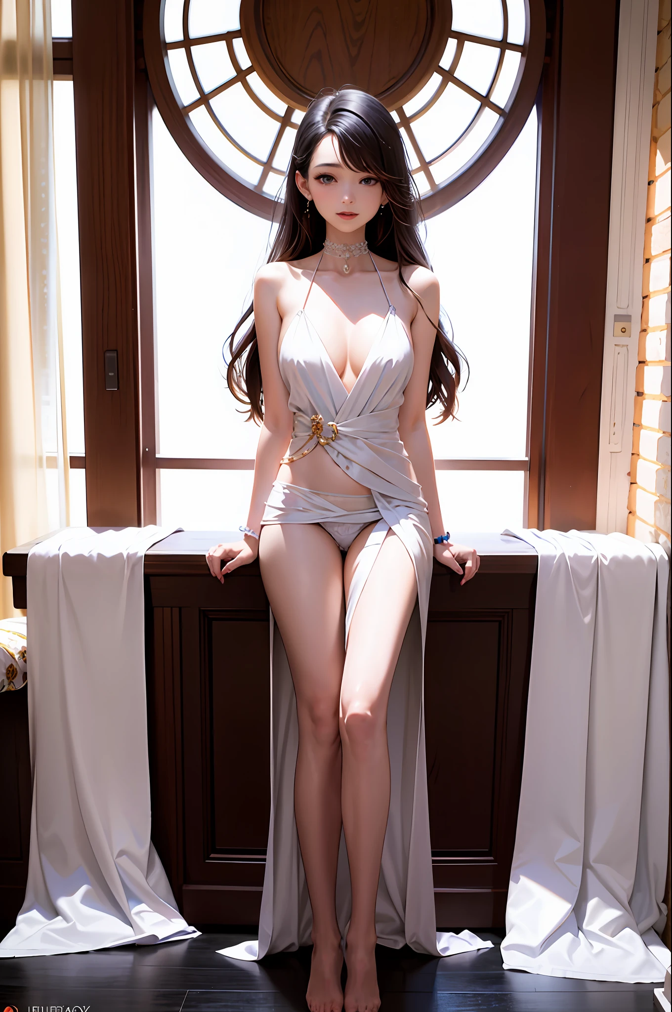 Best quality、tmasterpiece、A high resolution、fully body pose，1girll、Sheer silk porcelain dress、Full body like，Nice face、hair adornments、looking at viewert、ssmile、Shut your mouth、cparted lips、shift dresses、hair adornments、choker necklace、jewely、long whitr hair、耳Nipple Ring、pretty  face、On the body、Tindal effect、hentail realism、Shadow Studio、edge lit、bicolor lighting、（highdetailskin：1.2）、8K  UHD、Digital SLR、softlighting、high high quality，Volumetriclighting，photore，High resolution 4K，8K，blur backgroun