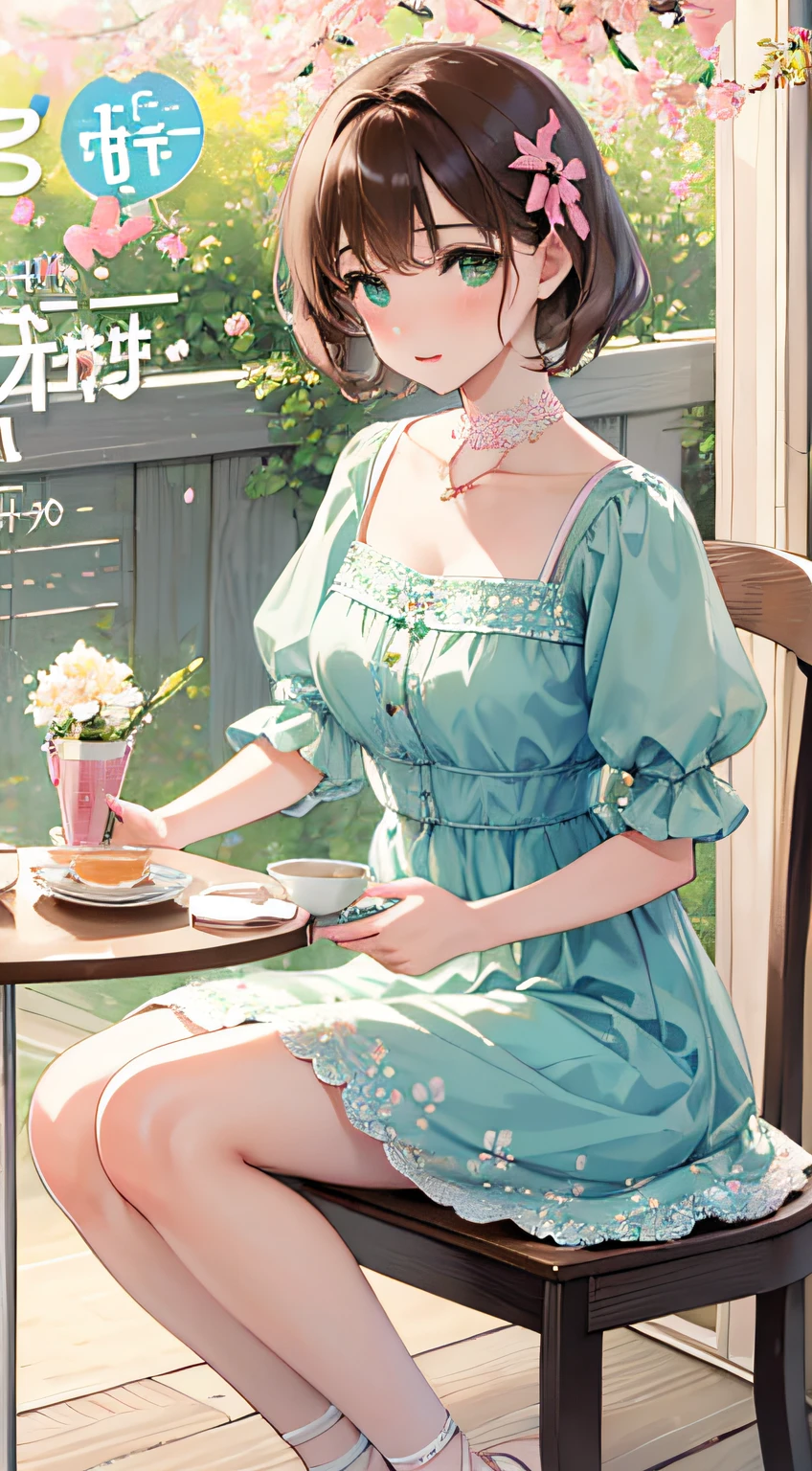 masterpiece, best quality,kinomoto_sakura, girly style, lace dresses, pastel colors, floral prints, high-waisted skirts, ballet flats, delicate accessories, cafe, indoors, high tea, sit down, table,.a young beautiful girl, green eyes, brown short hair, ultra detailed, official art, unity 8k wallpaper, (fashion magazine cover:1.3), ..